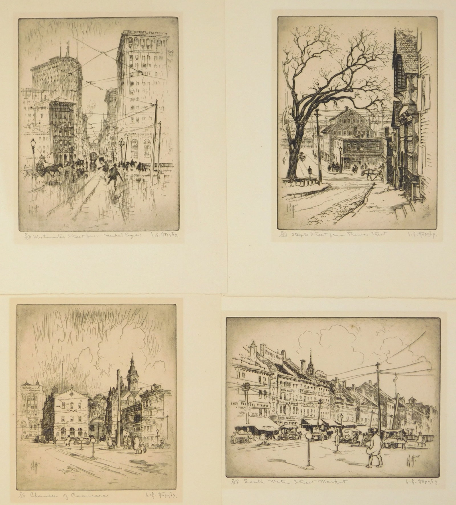 4 Lester G. Hornsby (American, 1882-1956) etching: Chamber of Commerce; South Water Street Market; Steeple Street from Thomas Street & Westminster Street from Market Square 4 etchings, all signed and numbered 7/28 in pencil. 7 7/8 x 5 7/8&quo