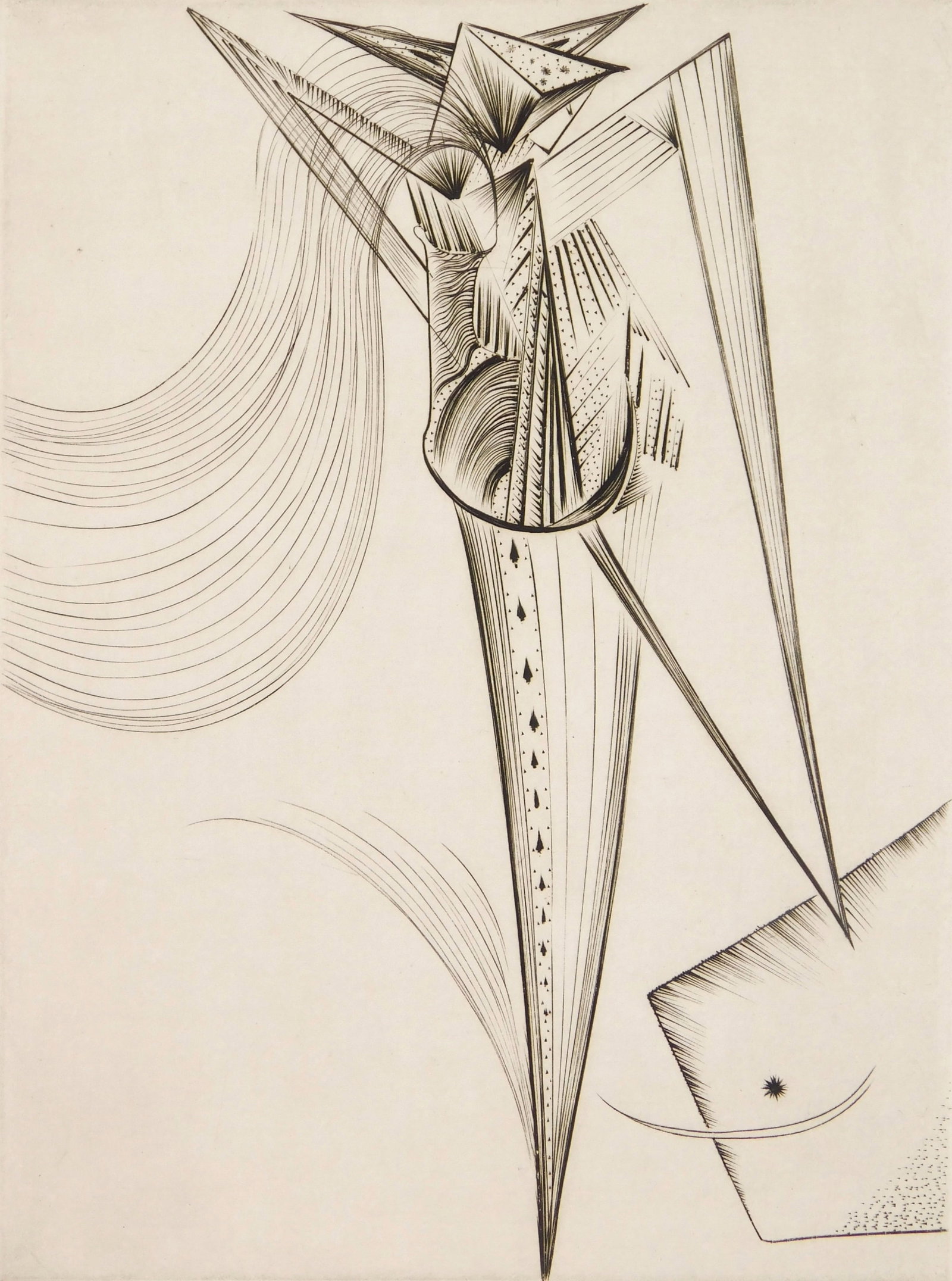 Ian Hugo (American, 1898-1985) engraving: Toreador engraving, 1945, signed, dated, titled and numbered 30/50, as published in 1979, with the blindstamp madeleine- claude jobrack EDITIONS, in the bottom margin. 7 7/8 x 5 7/8" Literat
