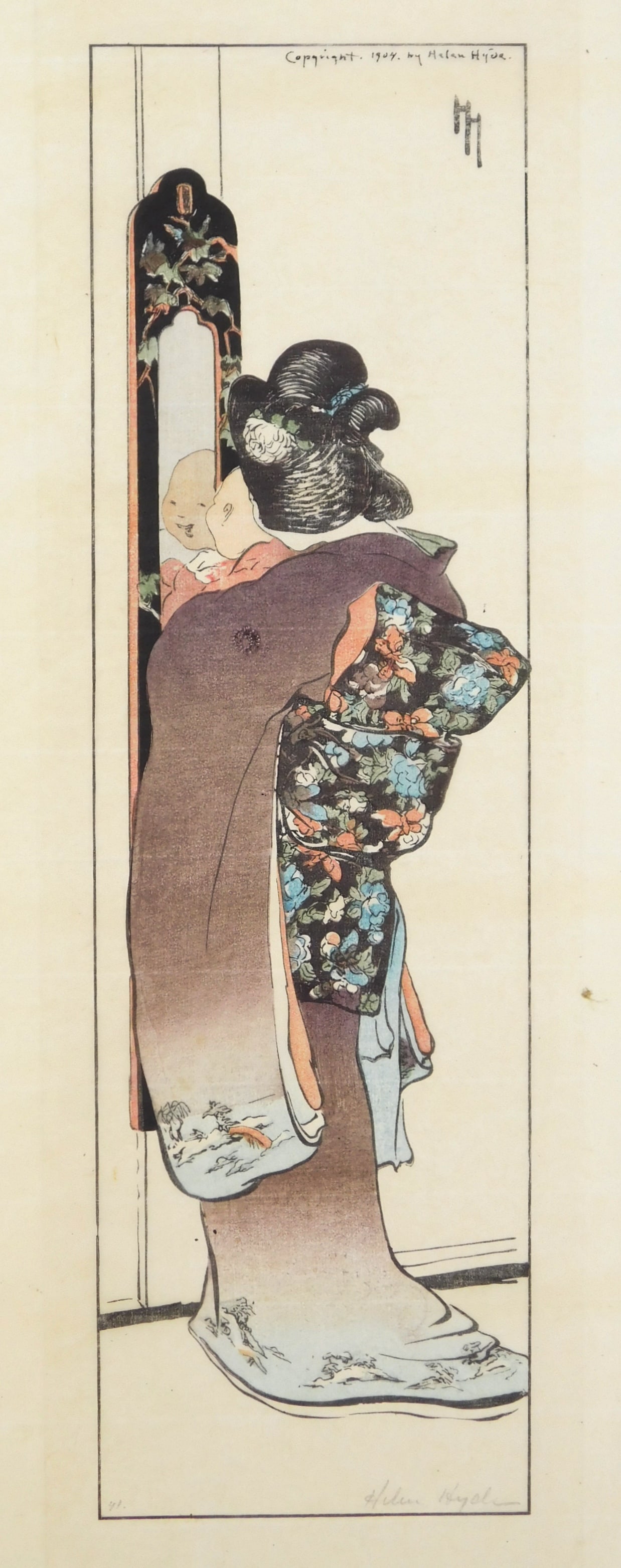 Helen Hyde (American, 1868-1919) woodcut in colors: The Mirror woodblock in colors, 1901, signed in pencil. 14 1/2 x 4 1/4" Literature: Mason 57 Provenance: Private collection- Houston, TX *** PLEASE READ: IMPORTANT NOTE About S&H ***