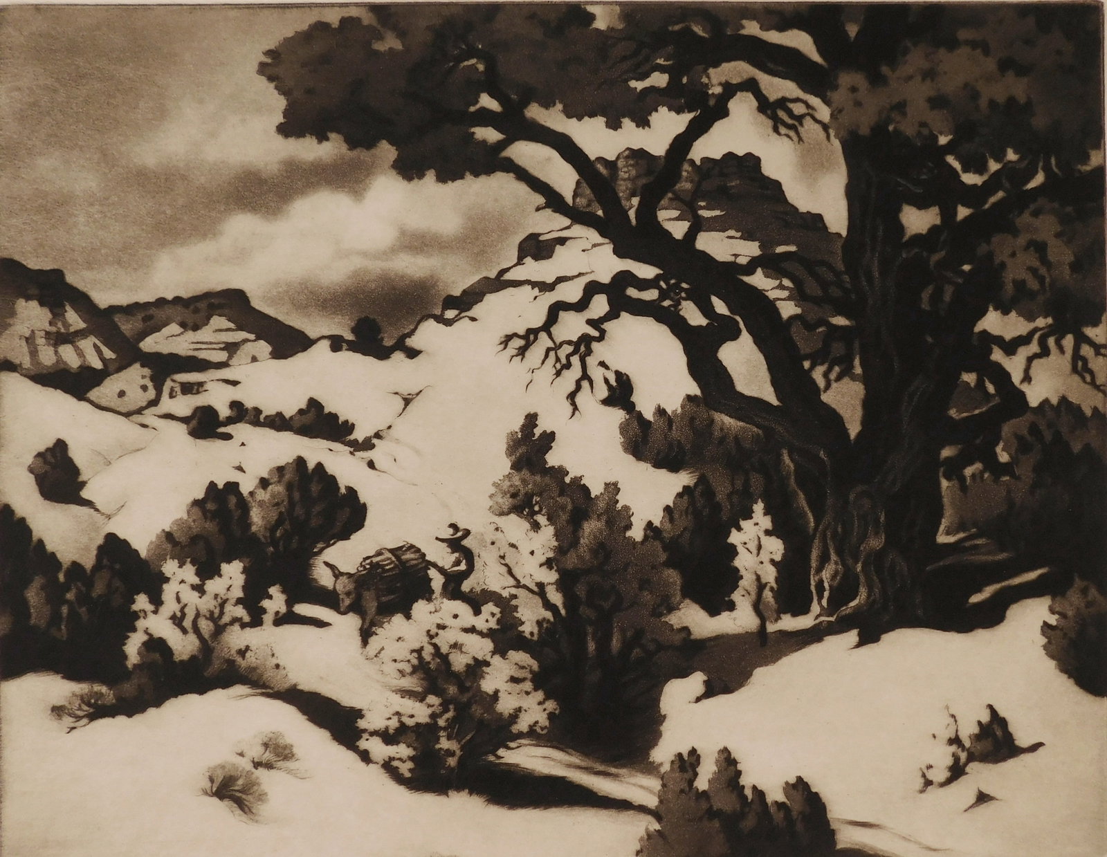 Gene Kloss (American, 1903-1996) aquatint: Chama Hills aquatint and drypoint, 1941, signed and titled in pencil, edition of 50. 11 x 14" Literature: Kloss 371 Provenance: Private collection- Beachwood, OH *** PLEASE READ: IMPORTANT NOTE