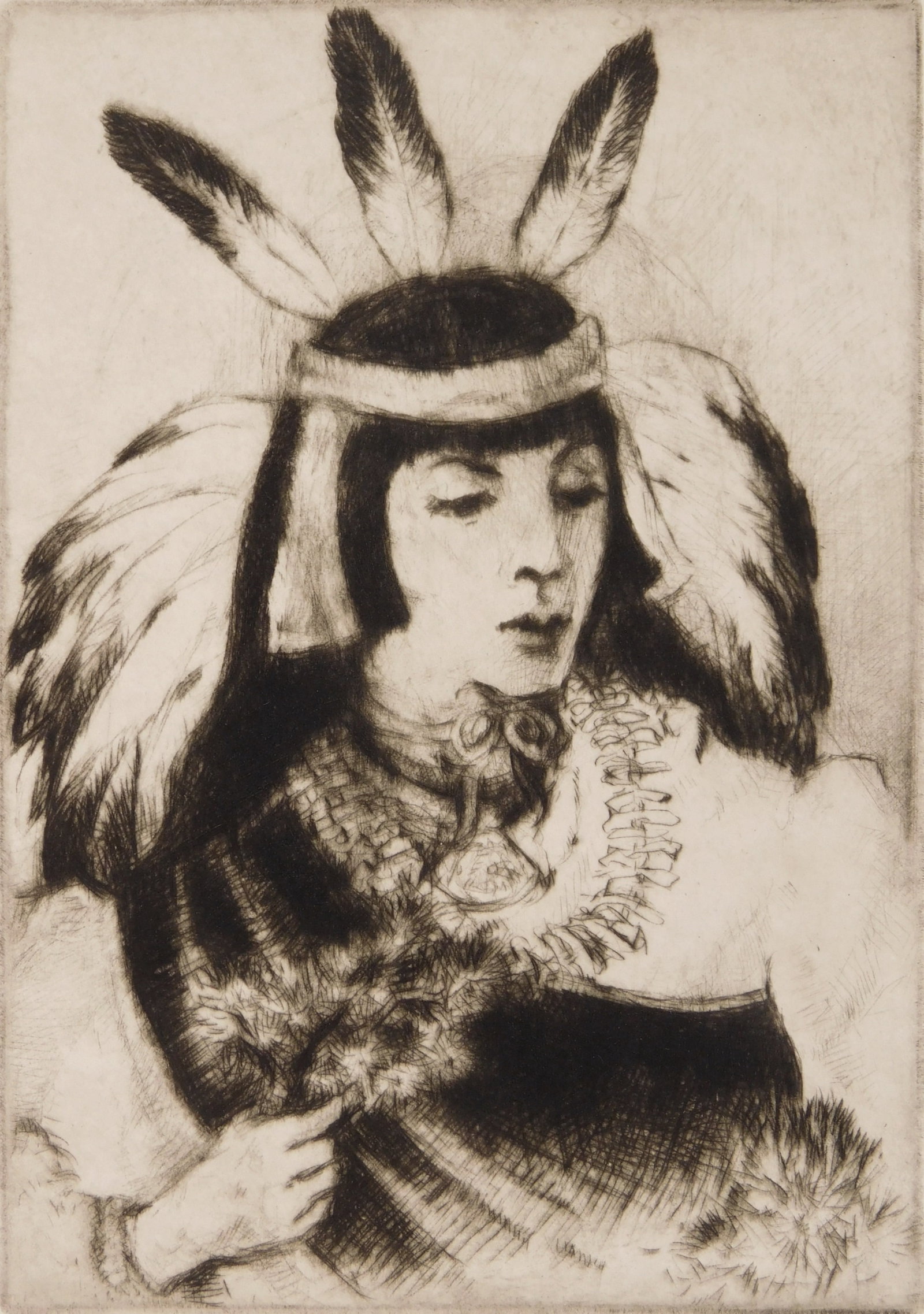 Gene Kloss (American, 1903-1996) drypoint: Pueblo Dancer drypoint, 1982, signed, titled and annotated A. P. in pencil. 8 1/4 x 5 3/4" Literature: Kloss 611 Provenance: Private collection- New Orleans, LA *** PLE
