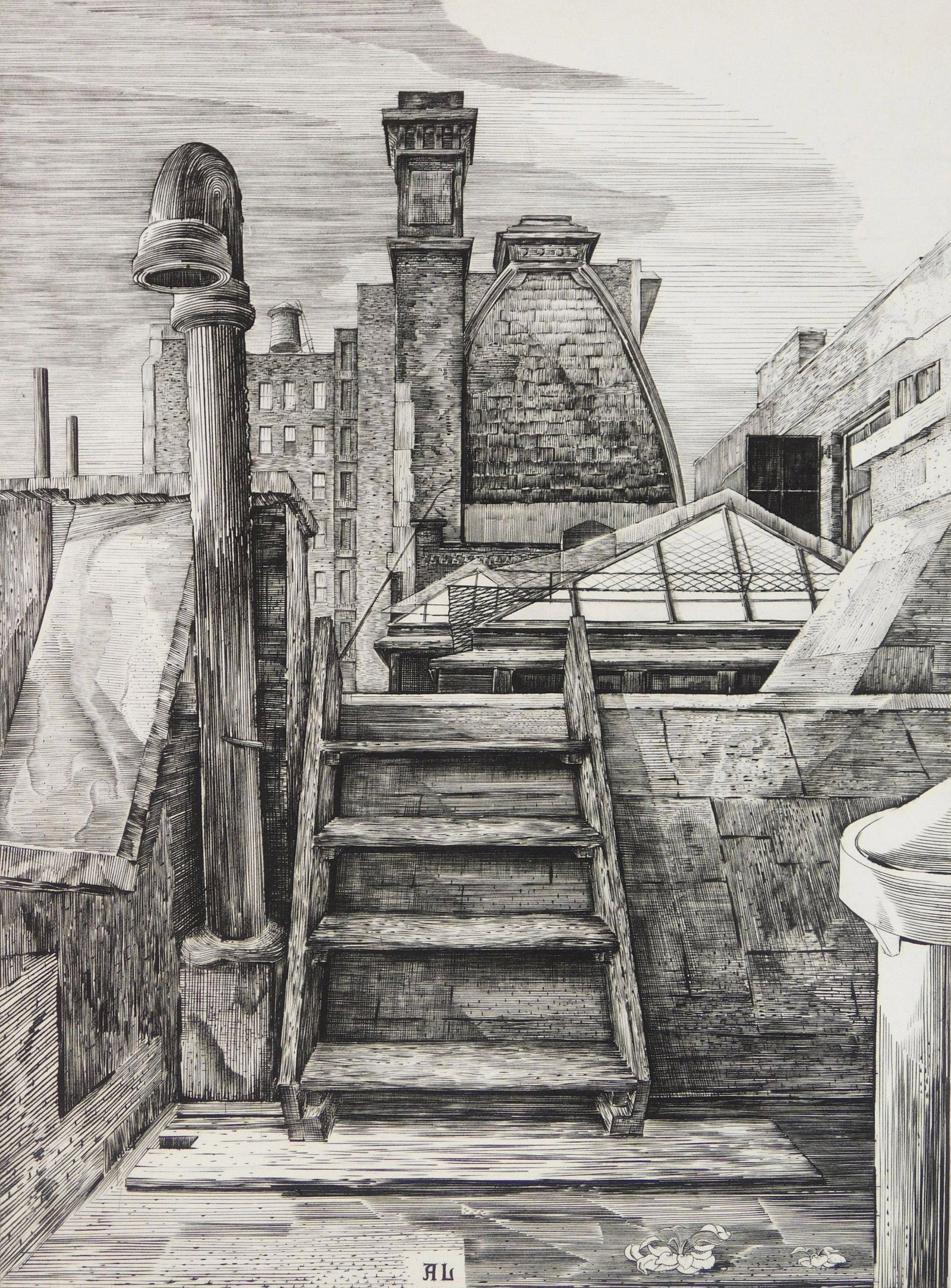 Armin Landeck (American, 1905-1984) etching: Delmonico's Roof (small plate) copper engraving, 1943, signed, dated and annotated Ed. 100 in pencil. 12 1/4 x 9" Literature: Kraeft 92 Provenance: Private collection- Ne