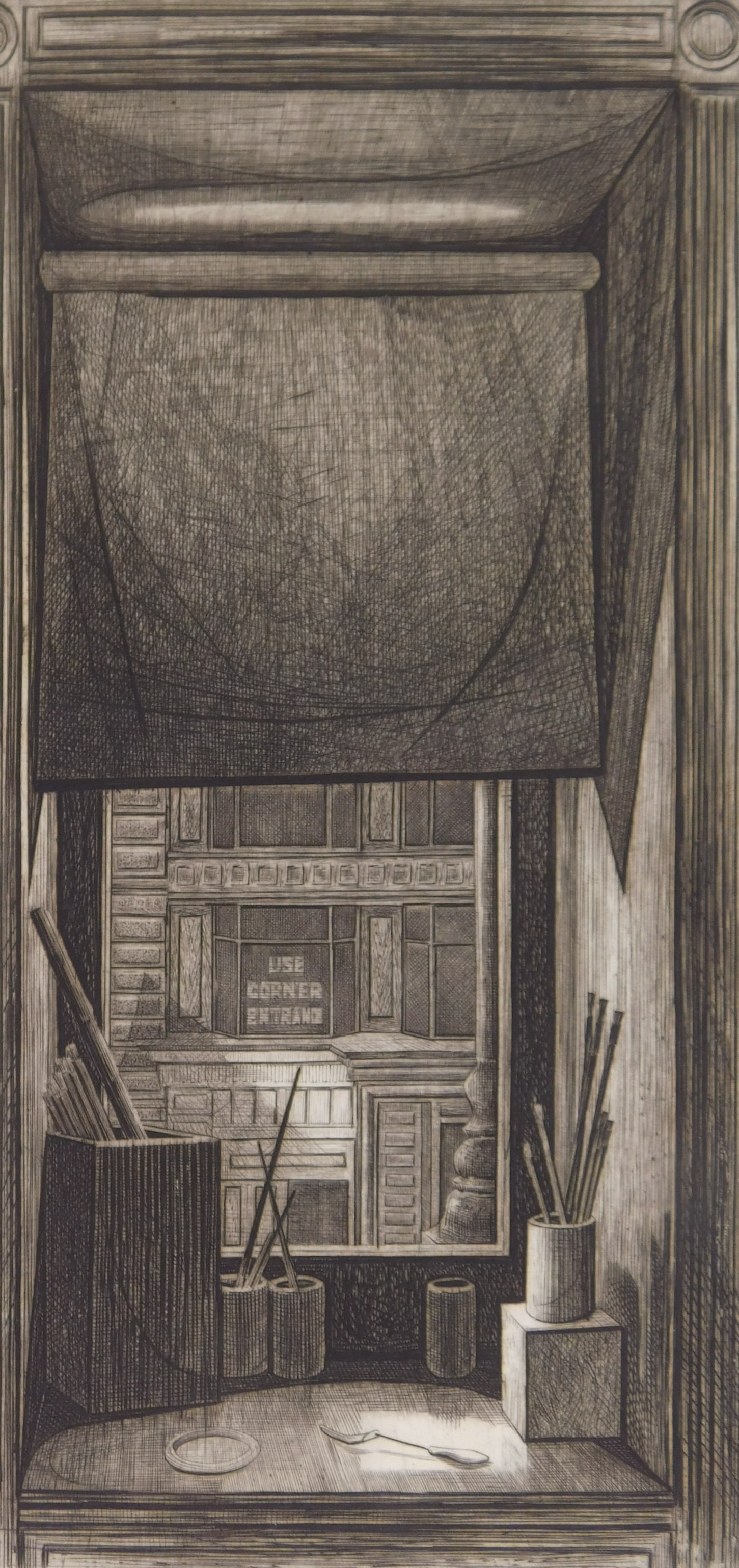 Armin Landeck (American, 1905-1984) etching: Window on 14th St. etching, 1949, signed, dated and annotated 'ed 100' in pencil. 12 x 5 3/4'' Literature: Kraft 103 Provenance: Private collection- New Orleans, LA *** P