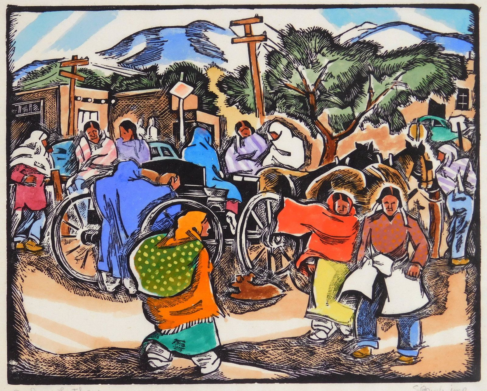 Barbara Latham (American, 1896-1989) linocut: Saturday Morning, Taos Plaza linocut with hand-coloring, signed and also signed by the printer S. Brush in pencil. 8 x 10" Provenance: Private collection- New Orleans, LA *** PLEASE R