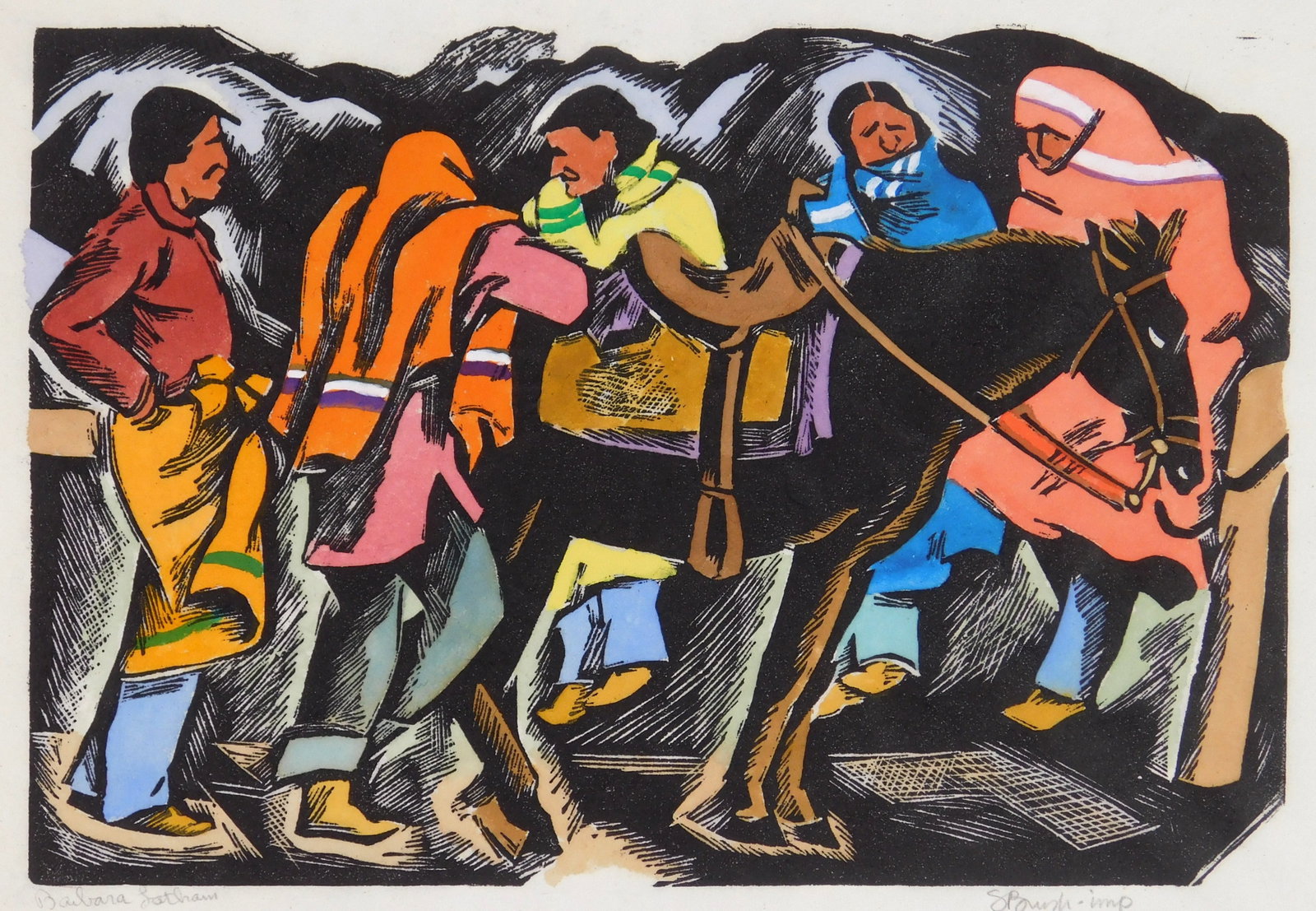 Barbara Latham (American, 1896-1989) woodcut: Stopping to Chat woodcut with hand-coloring, 1987, singed and signed b the printer S. Brush in pencil, edition of 25. 6 x 8 3/4" Provenance: Private collection- New Orleans, LA *** PLEASE R