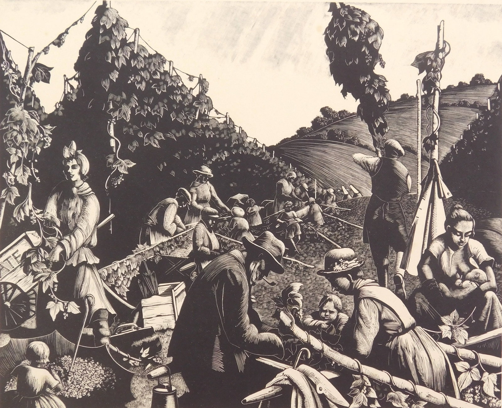 Clare Leighton (American, 1898-1989) wood engraving: Hop Pickers. wood engraving, 1930. signed, titled and numbered 64/75 in pencil. 8 1/2 x 10 1/2" Literature: Fletcher 177. Provenance: Private collection- New Orleans, LA *** PLEASE READ: IMPORT