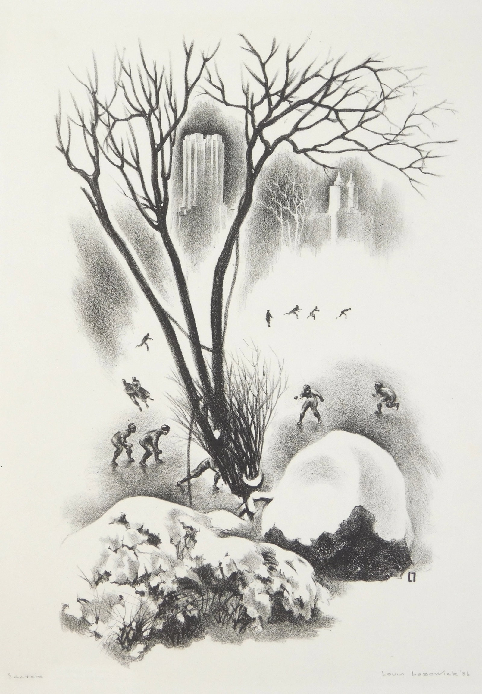 Louis Lozowick (American, 1892-1973) lithograph: Skating lithograph, 1936, signed, dated and titled in pencil, done for the Federal Art Project, new York, City, (faded stamp lower left corner), edition of 10 or less. 13 1/2 x 10 1/2" Lite