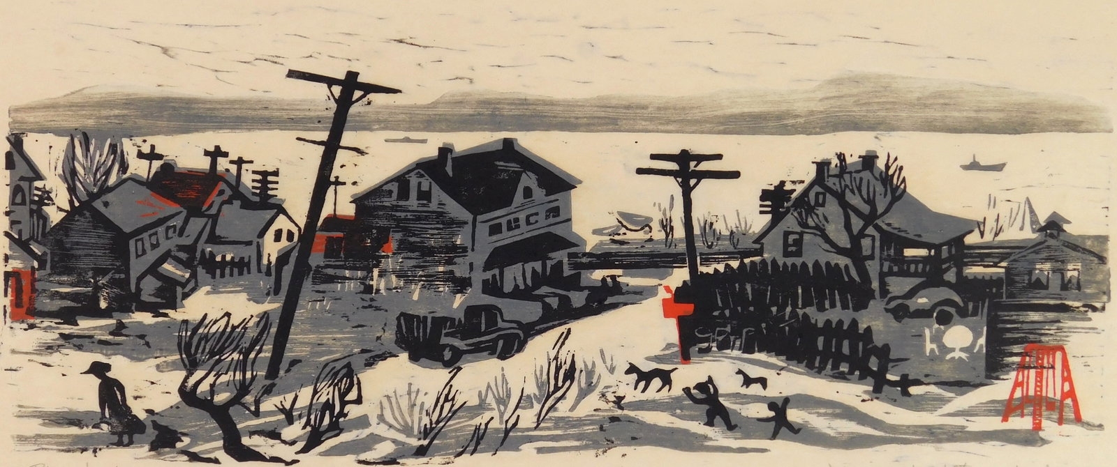 Winifred Milius Lubell (American, 1914-2012) woodcut: Riverside Ave- Croton-on-Hudson, NY woodcut, 1953, signed, dated and titled in pencil. 6 1/2 x 16 1/4" Provenance: Private collection- New Orleans, LA *** PLEASE READ: IMPORTANT NOTE About 