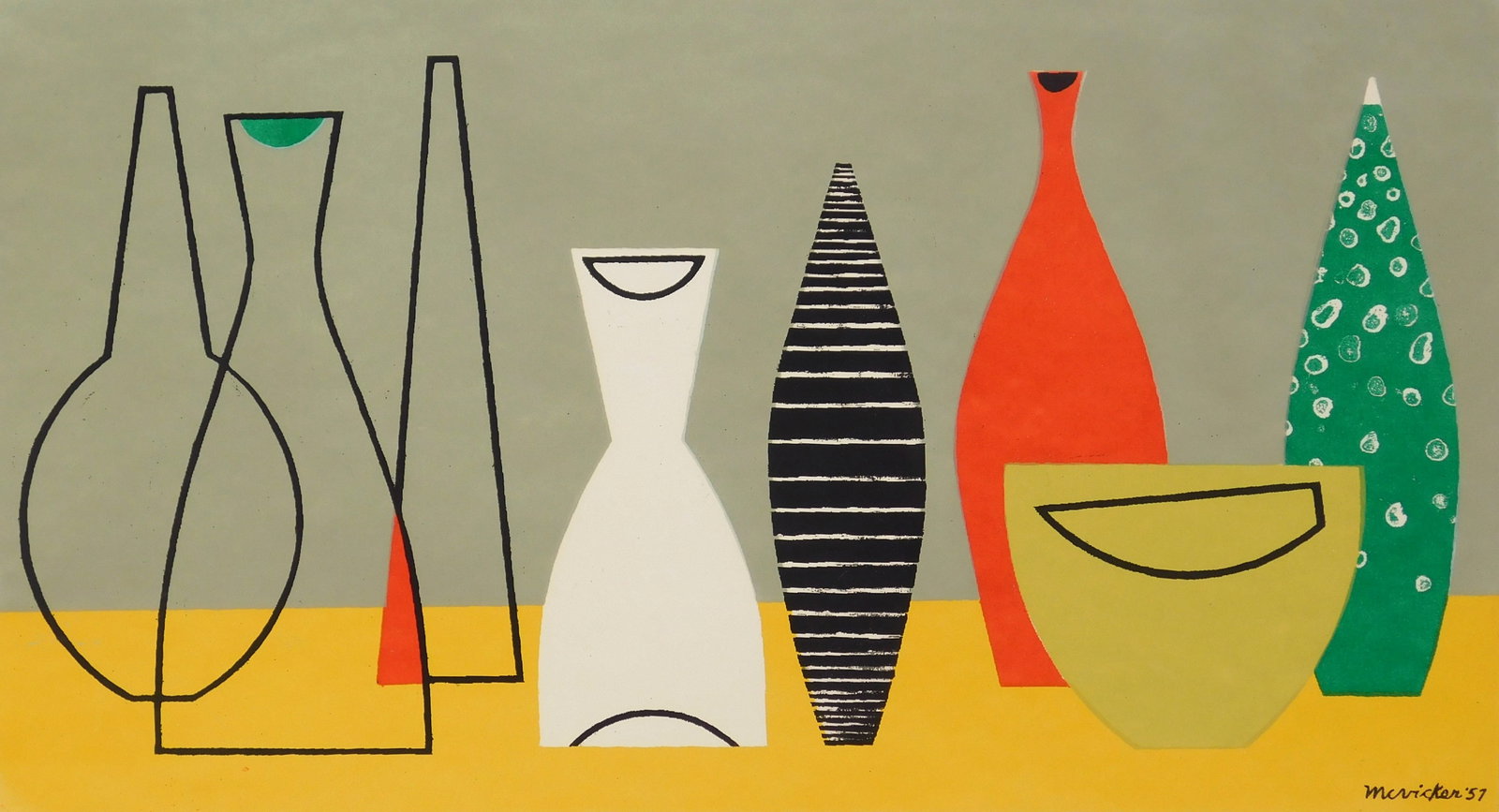 J. Jesse Mc Vicker (American, 1911-2004) silkscreen: The Red Bottle silkscreen in colors, 1957, signed, titled, dated and annotated Ed. 47 in pencil. 12 x 22'' Provenance: Private collection- Beachwood, OH *** PLEASE READ: IMPORTANT NO