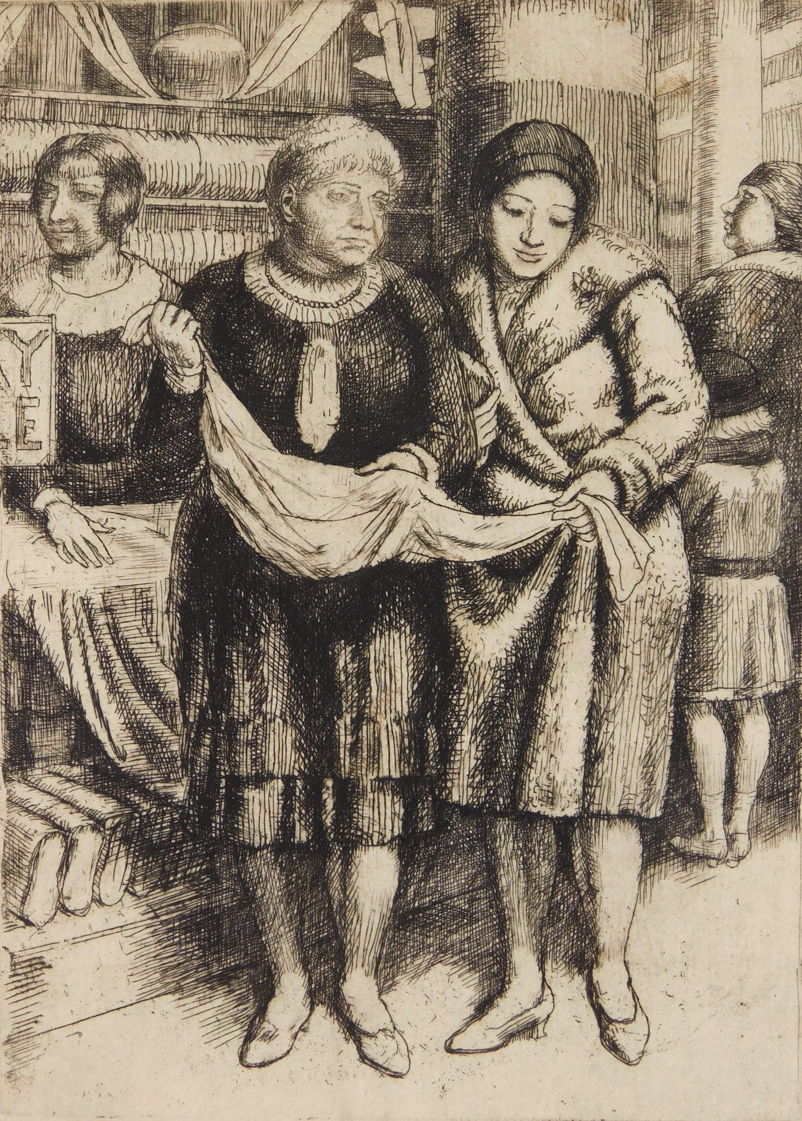 Kenneth Hayes Miller (American, 1876-1952) etching: Department Store etching. 7 x 5" Provenance: Private collection- New York, NY *** PLEASE READ: IMPORTANT NOTE About S&H *** S&H of this auction will be handled by "Shipping with LiveAuct