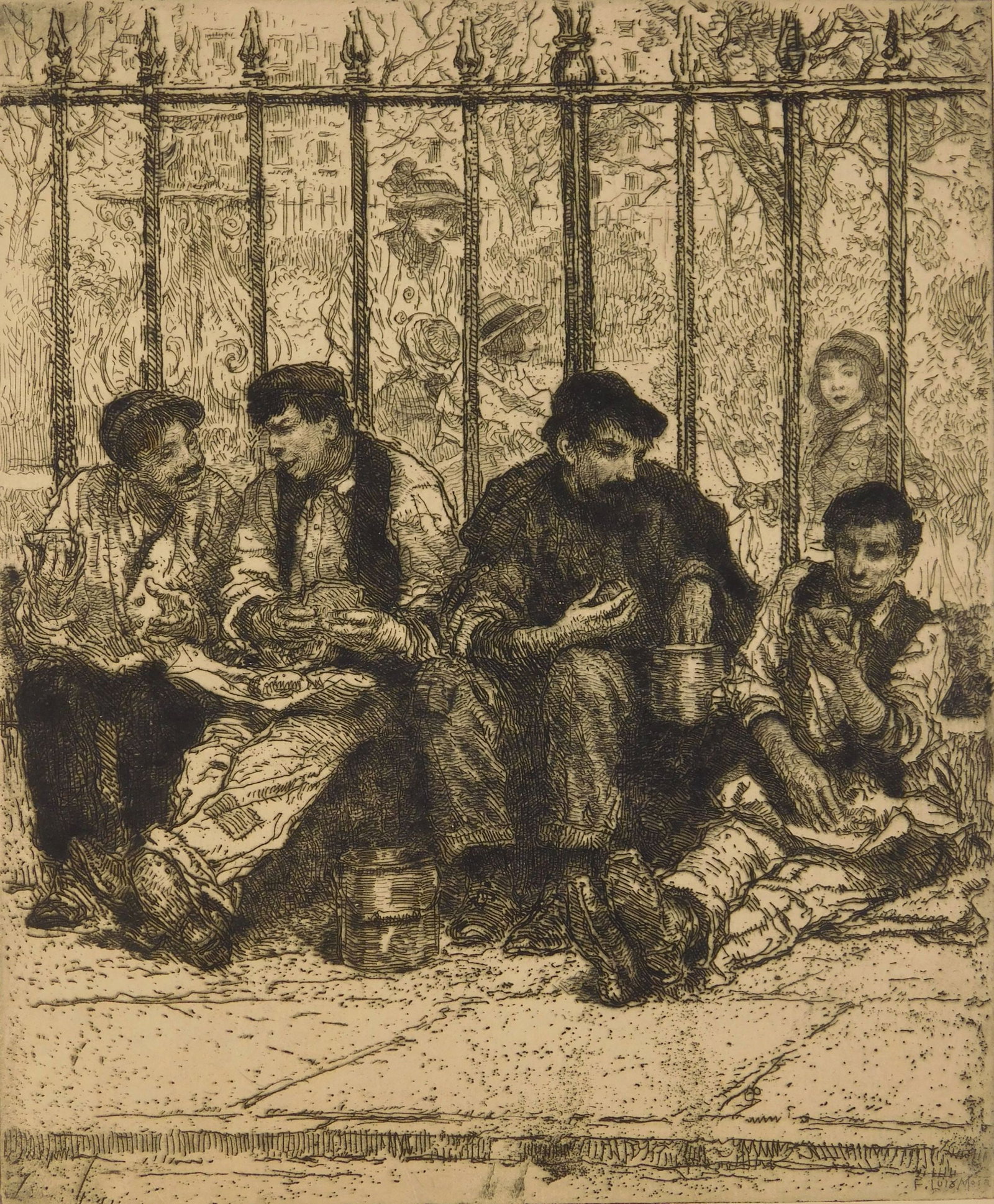 Francis Luis Mora (American, 1874-1940) etching: Noonday Rest (Gramercy Park, NY) etching, 1933, signed, titled, dated and inscribed to my friend John Russell Hasting in pencil. 11 7/8 x 9 7/8" Provenance: Private collection- New Yor