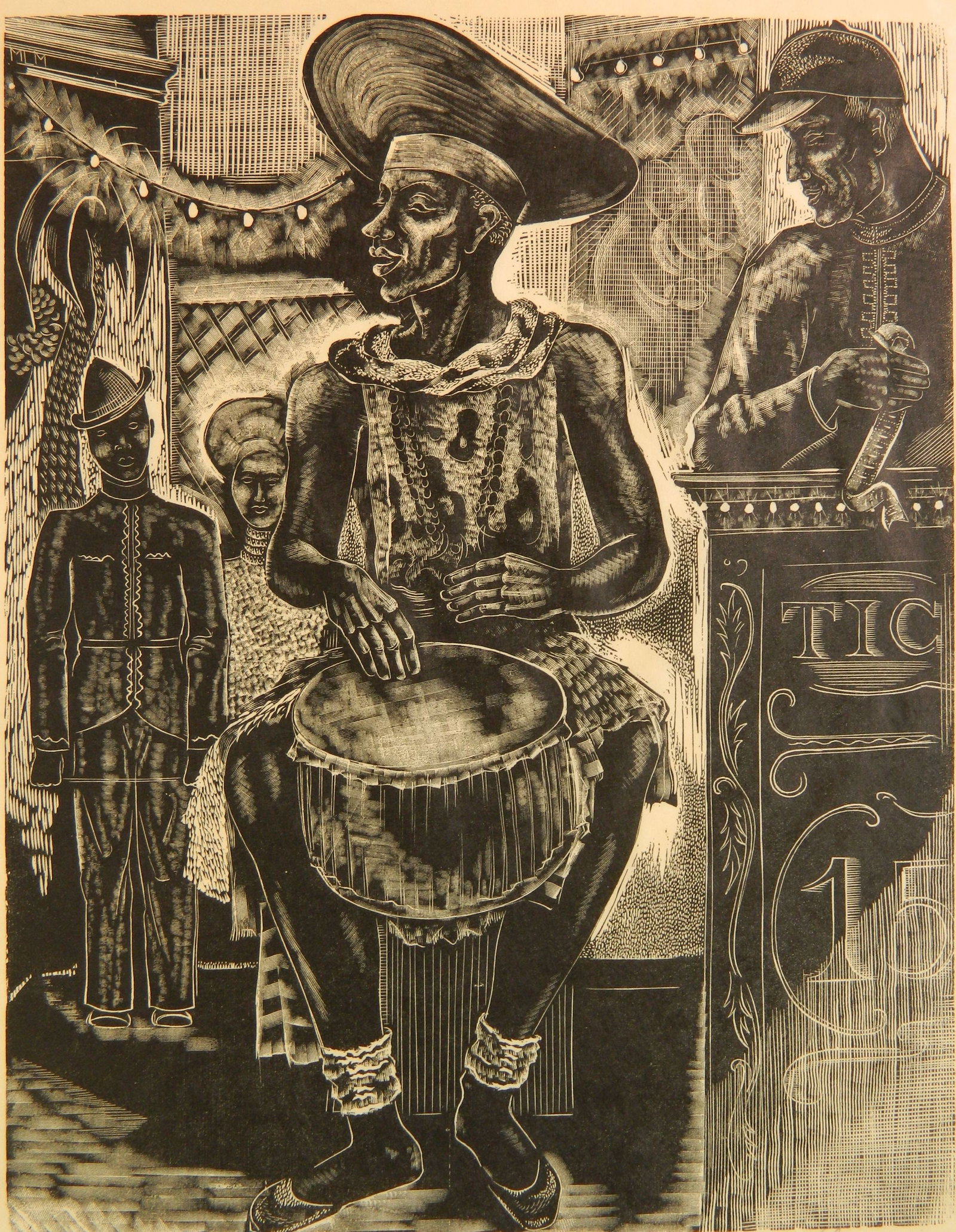 Minnie Lois Murphy (American, 1901-1962) wood engraving: Side Show - Coney Island wood engraving, ca. 1936, signed and annotated 'Ed. 60' in pencil. 9 x 7" Exhibited in America Today: American Artists' Congress exhibitions, December 1