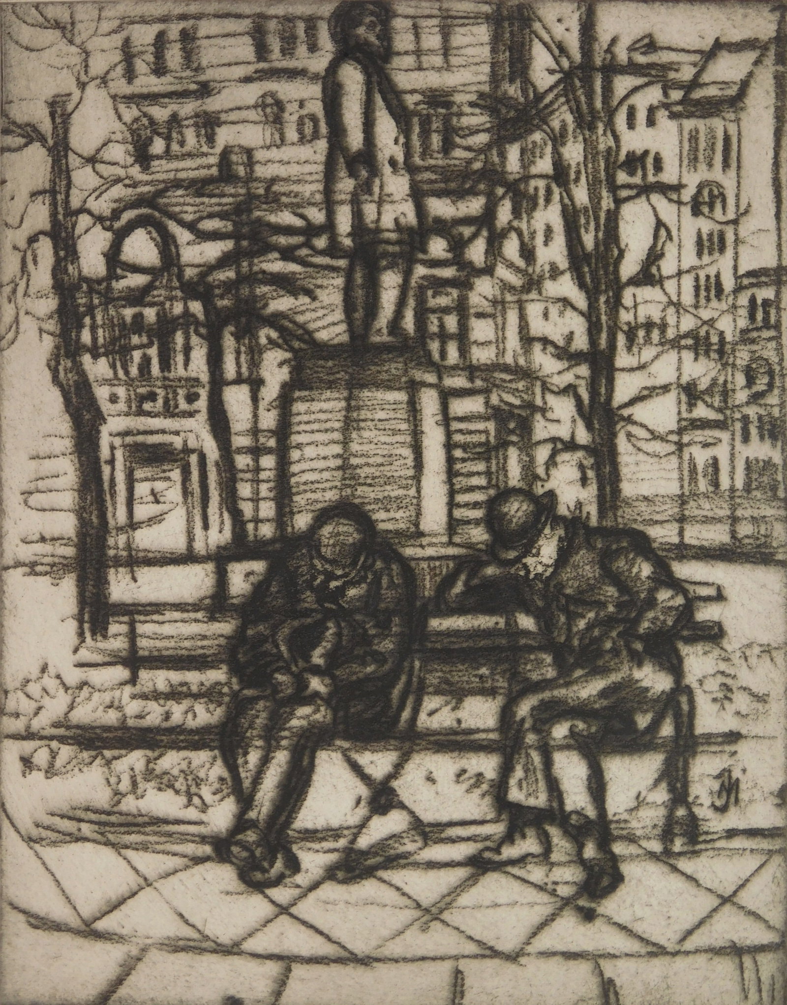 Jerome Myers (American, 1867-1940) etching: Park Bench etching and soft ground, ca. 1930, signed in pencil. 10 x 7 3/4" Provenance: Private collection- New York, NY *** PLEASE READ: IMPORTANT NOTE About S&H *** S&H of this auction