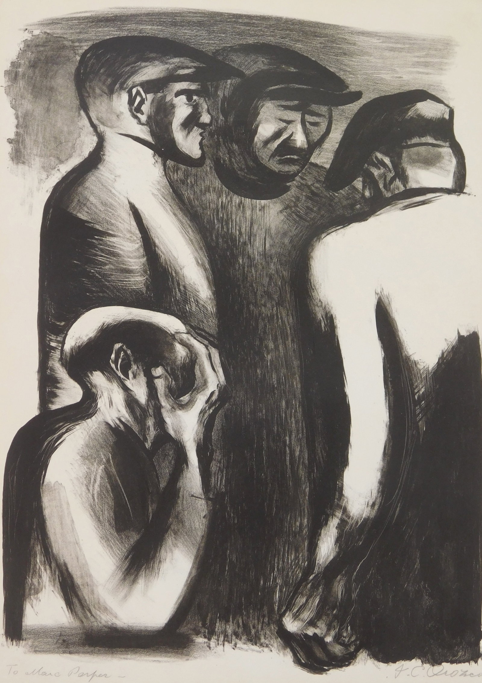Jose Clemente Orozco (Mexican, 1883-1949) lithograph: The Unemployed- Paris lithograph, 1932, signed and inscribed to Marc Perfer in pencil. 14 x 10 1/2" Provenance: Private collection- New York, NY *** PLEASE READ: IMPORTANT NO