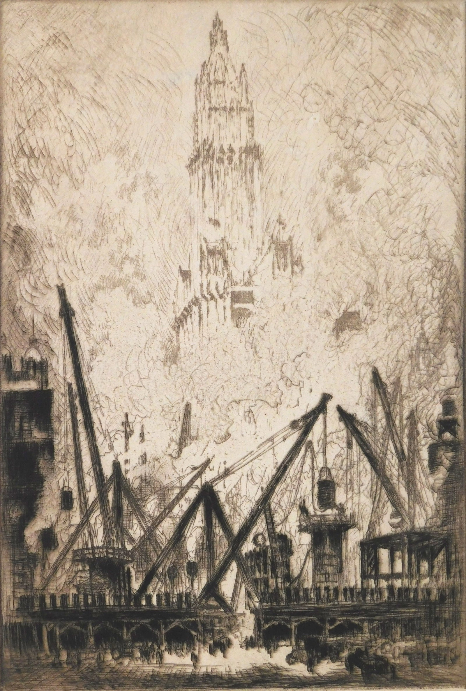Joseph Pennell (American, 1857-1926) etching: Caissons on Veesey Street (New York) etching, 1924, signed in pencil. 13 7/8 x 9 3/8'' Literature: Wuerth 854 Provenance: Private collection- New Orleans, LA *** PLEASE READ: IMPORTANT