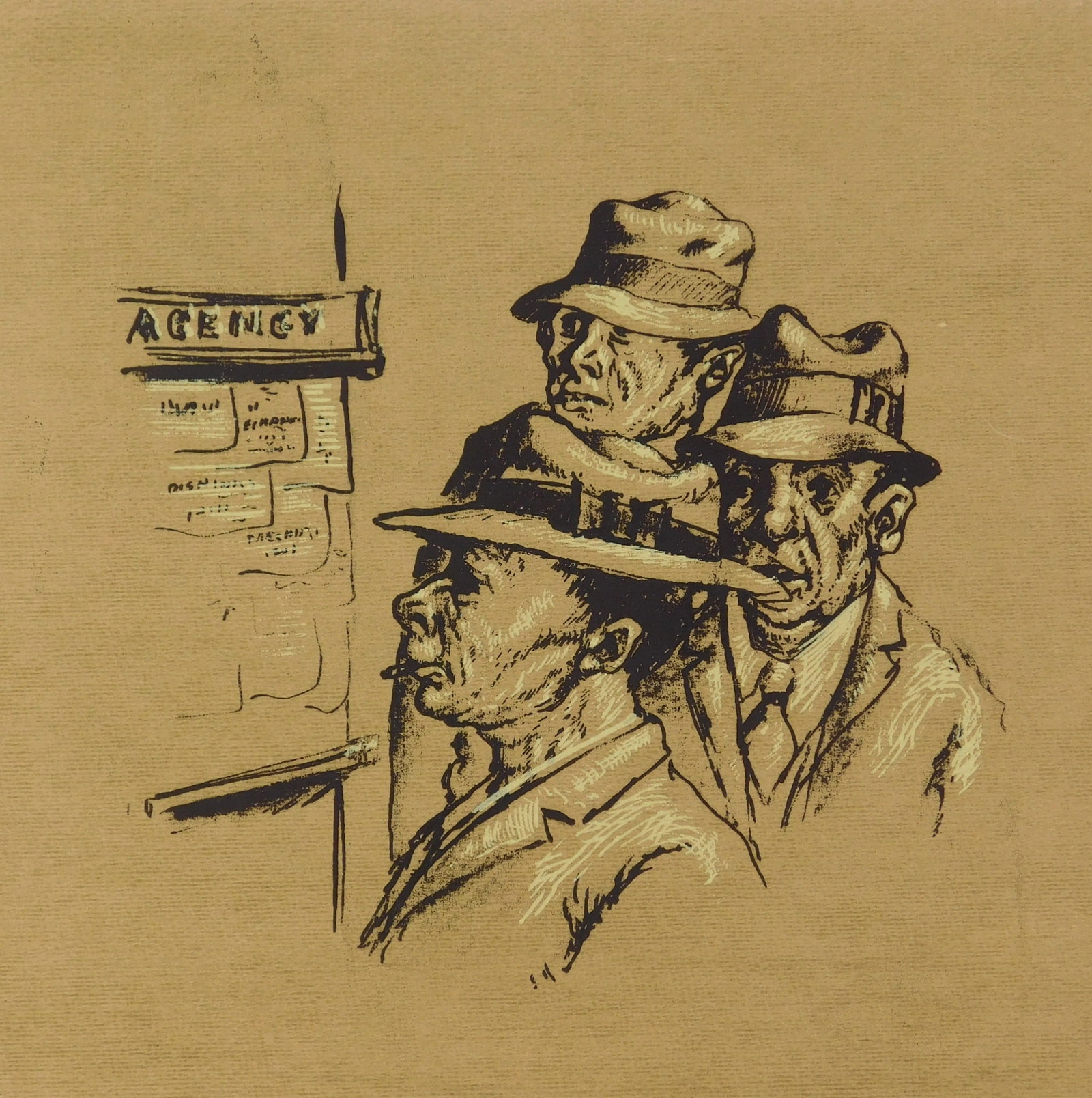 Carl Pickhardt (American ,1908-2004) silkscreen: Unemployment Office silkscreen in three colors, signed in pencil. 12 1/2 x 12 1/2" Provenance: Private collection- New Orleans, LA *** PLEASE READ: IMPORTANT NOTE About S&H *** S&H