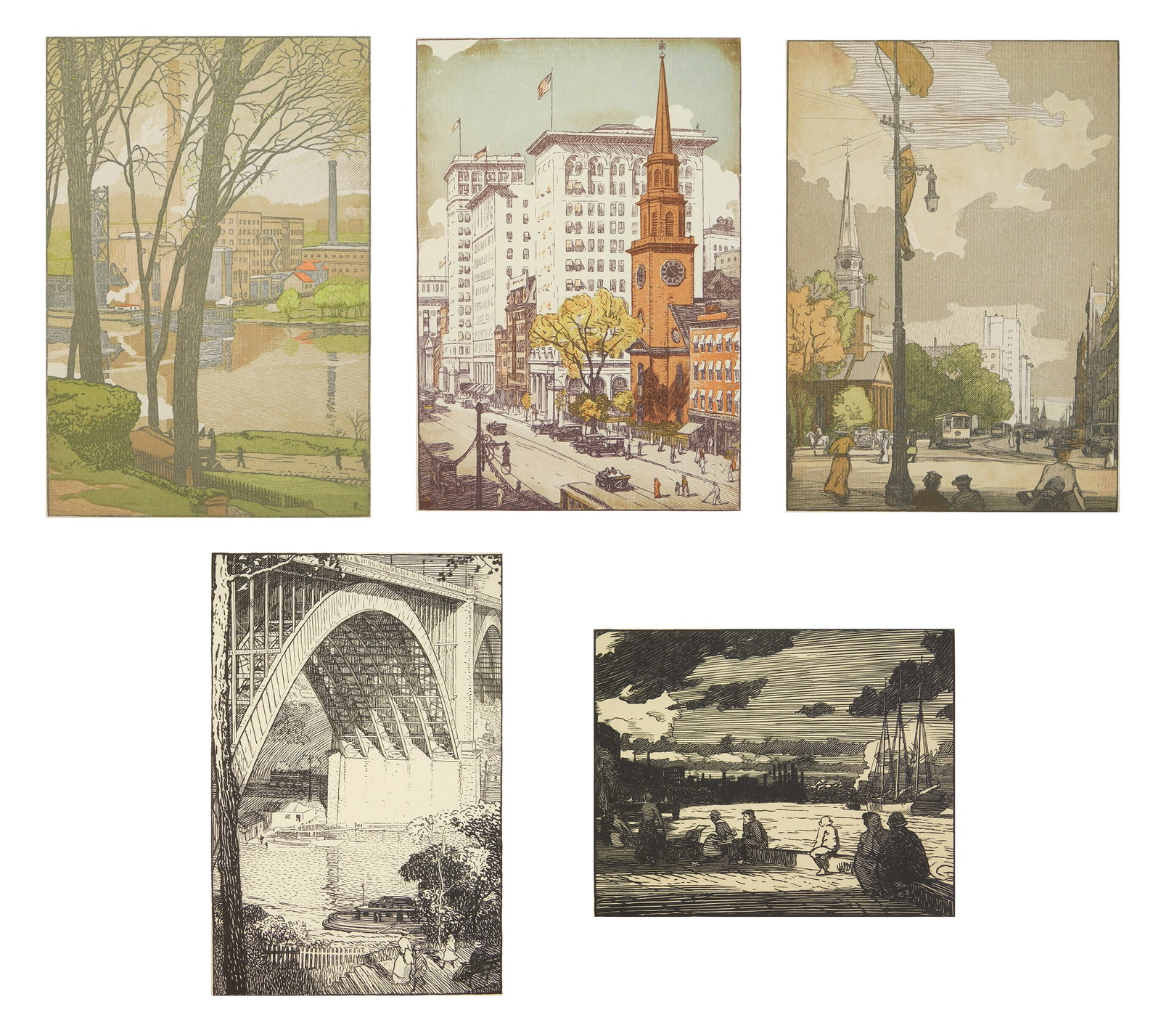5 Rudolph Ruzicka (American, 1883-1978) wood engravings: The River Bank; Washington Bridge & 3 Untitled 5 wood engravings (3 in color), all signed in pencil. 7 3/4 x 5 1/4" (largest image) Provenance: Private collection- New York, NY ***