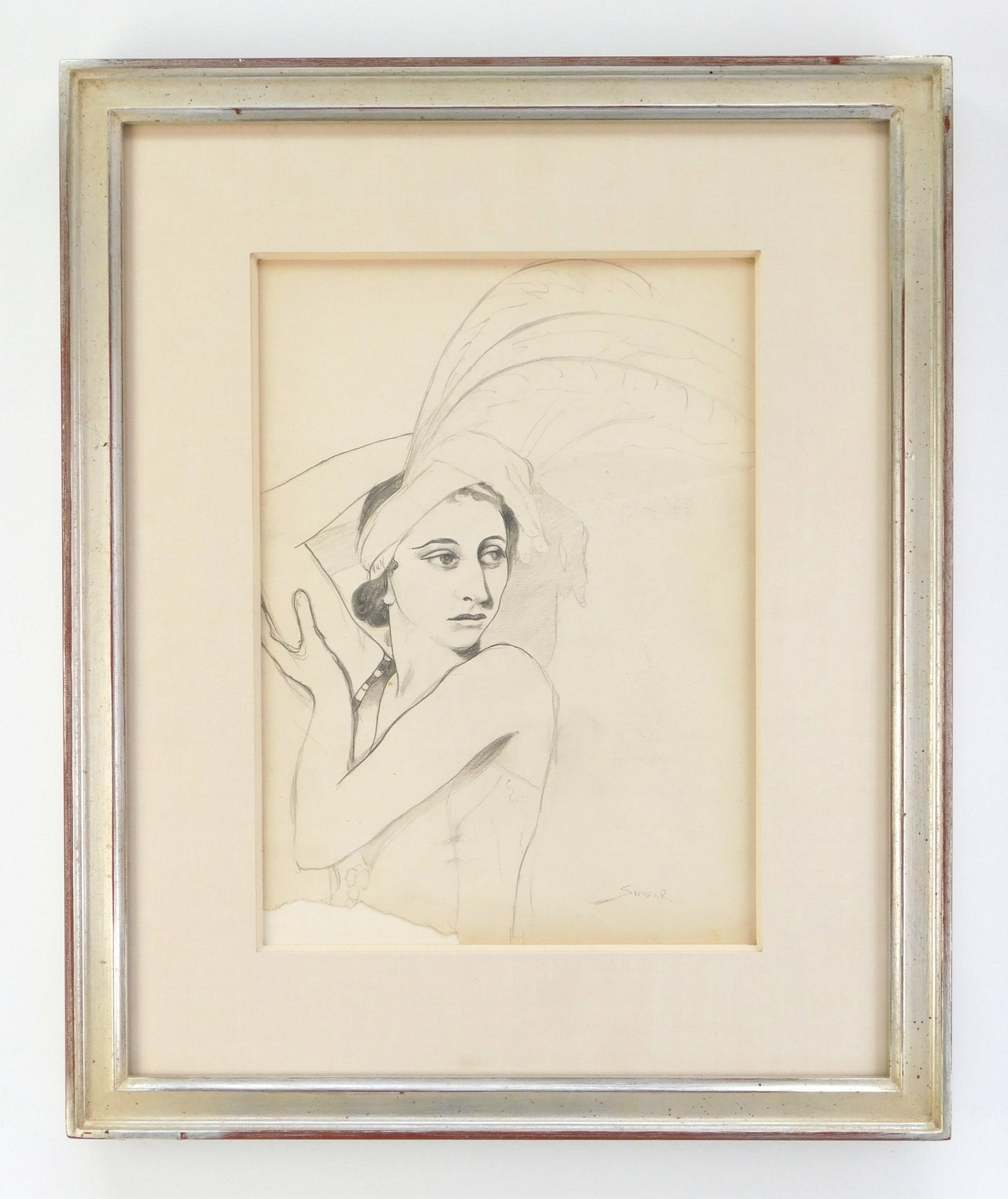 Clyde Singer (American, 1908-1999) drawing: Woman in Headdress graphite on paper, ca. 1930, signed Singer lower right, matted and framed. 11 1/2 x 8 1/2" Provenance: Private collection- Columbus, OH *** PLEASE READ: IMPORTANT NOTE Ab