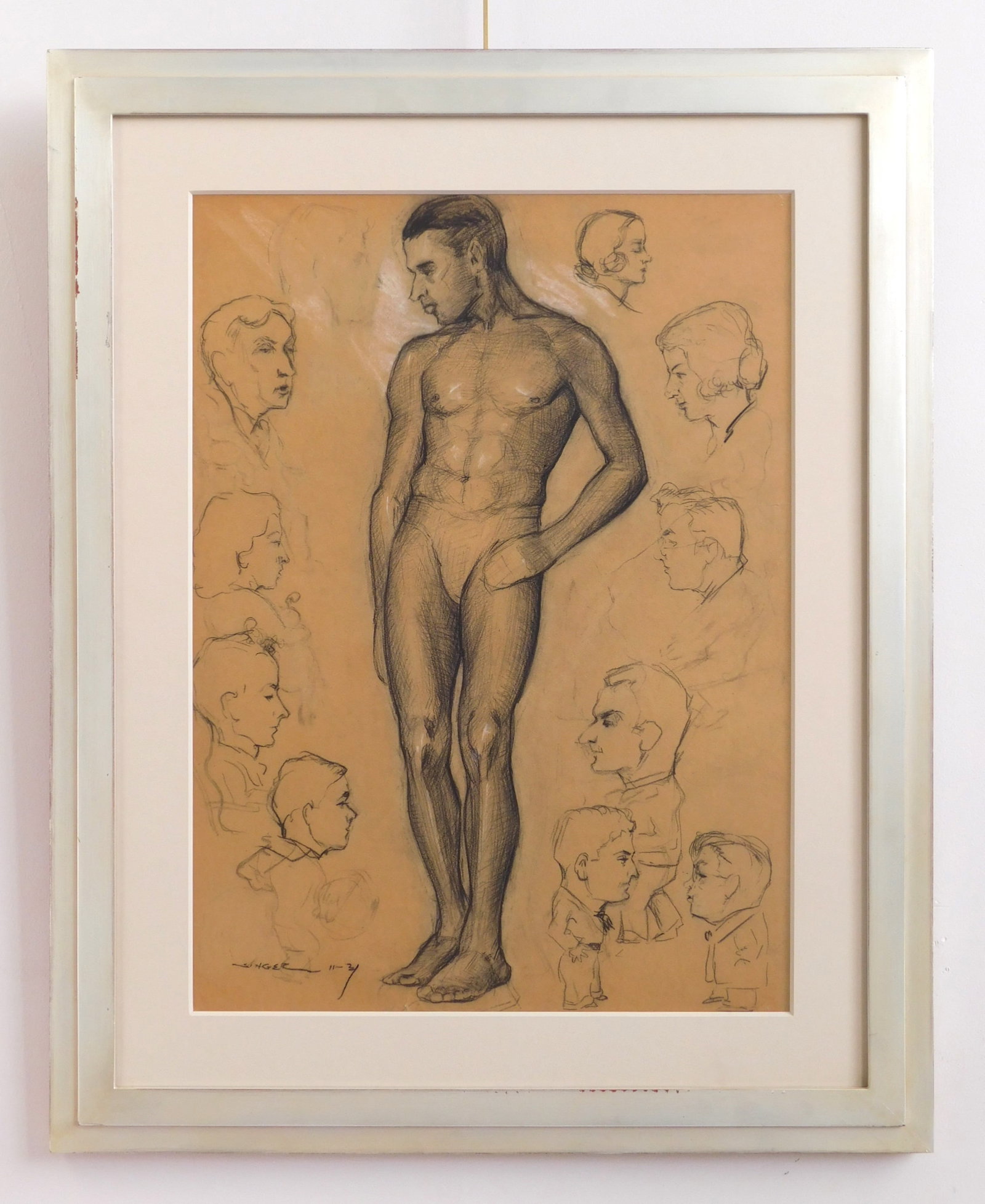 Clyde Singer (American, 1908-1999) drawing: Standing Male Figure Surrounded by Profiles charcoal on paper, ca. 1930's, signed Singer 11/3 lower left, matted and framed. 24 x 17 1/4" Provenance: Private collection- Columbus, OH **