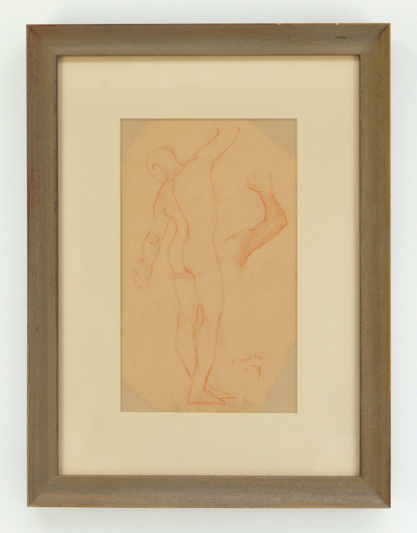 Clyde Singer (American, 1908-1999) drawing: Male Nude, Rear View sanguine chalk on paper, 1931, signed Singer 11/31 lower right, matted and framed. 11 1/4 x 7" Provenance: Private collection- Columbus, OH *** PLEASE READ: IMPORTANT N