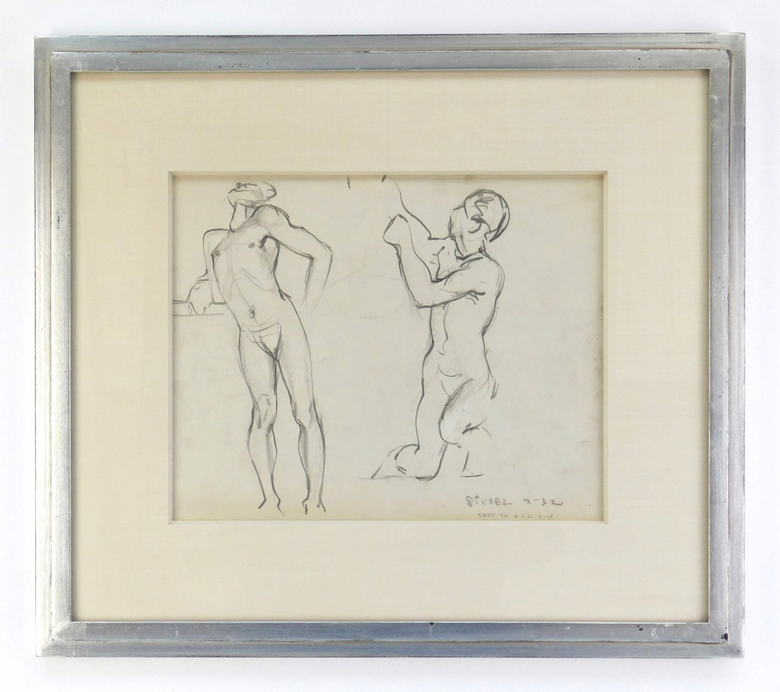 Clyde Singer (American, 1908-1999) drawing: Nude Male Studies pencil on paper, 1932, signed Singer 2-32 and annotated Sent to A.S. L. N.Y. in pencil., matted and framed. 9 1/2 x 11 1/2" Provenance: Private collection- Colum