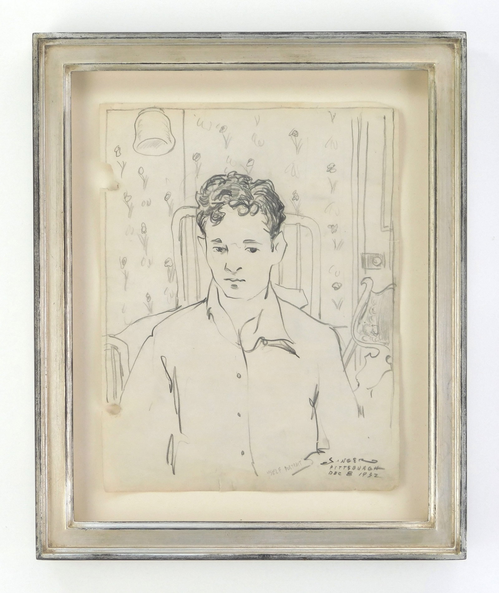 Clyde Singer (American, 1908-1999) drawing: Self-Portrait graphite on paper, 1932, signed and annotated Singer/ Pittsburgh/ Dec. 8 1932 in pencil lower right, matted and framed. 10 x 8" Provenance: Private collection- Colum