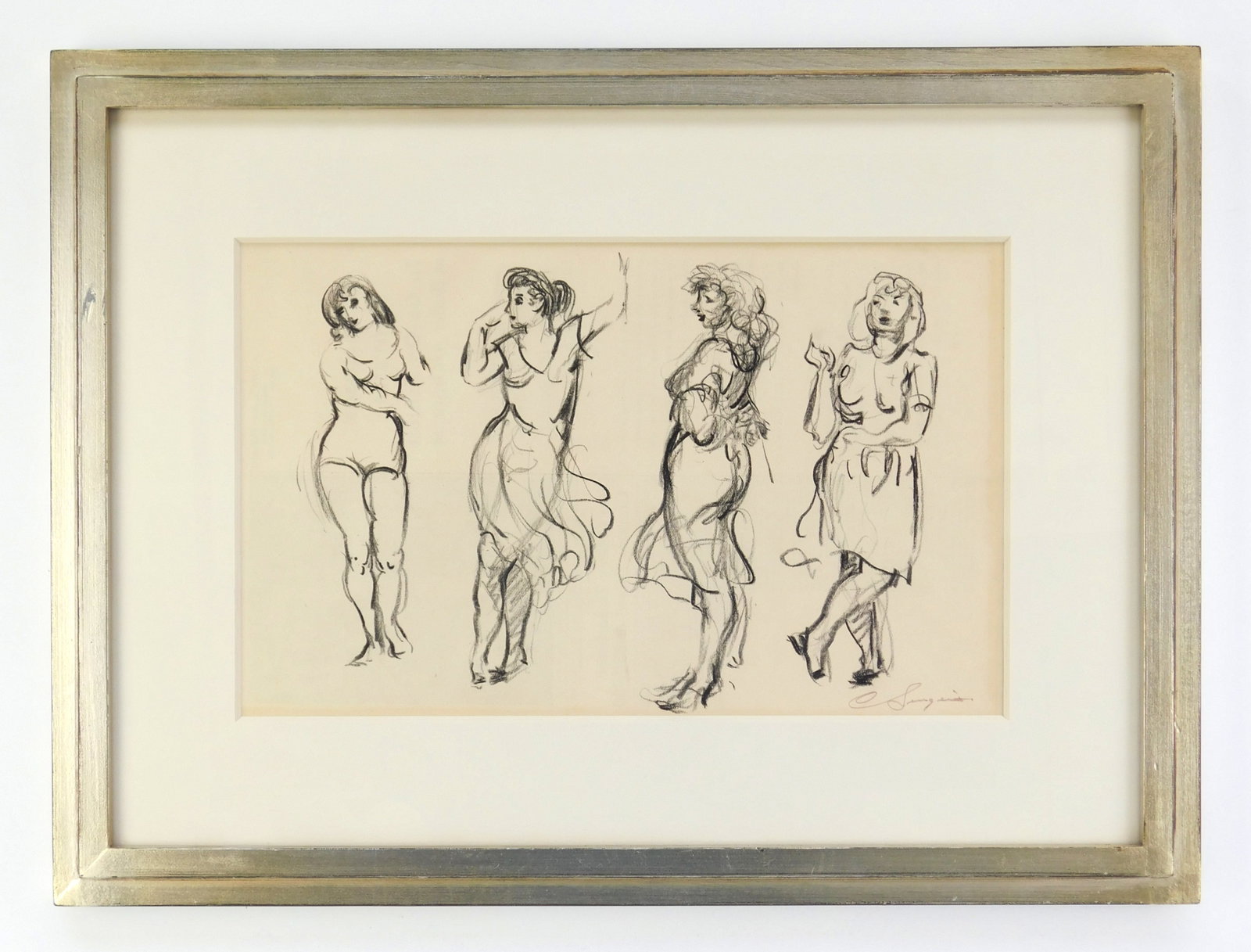 Clyde Singer (American, 1908-1999) charcoal drawing: Four Female Studies charcoal on paper, signed C. Singer lower right, matted and framed. 8 x 12 3/4" Provenance: Private collection- Columbus, OH *** PLEASE READ: IMPORTANT NOTE About S&H **