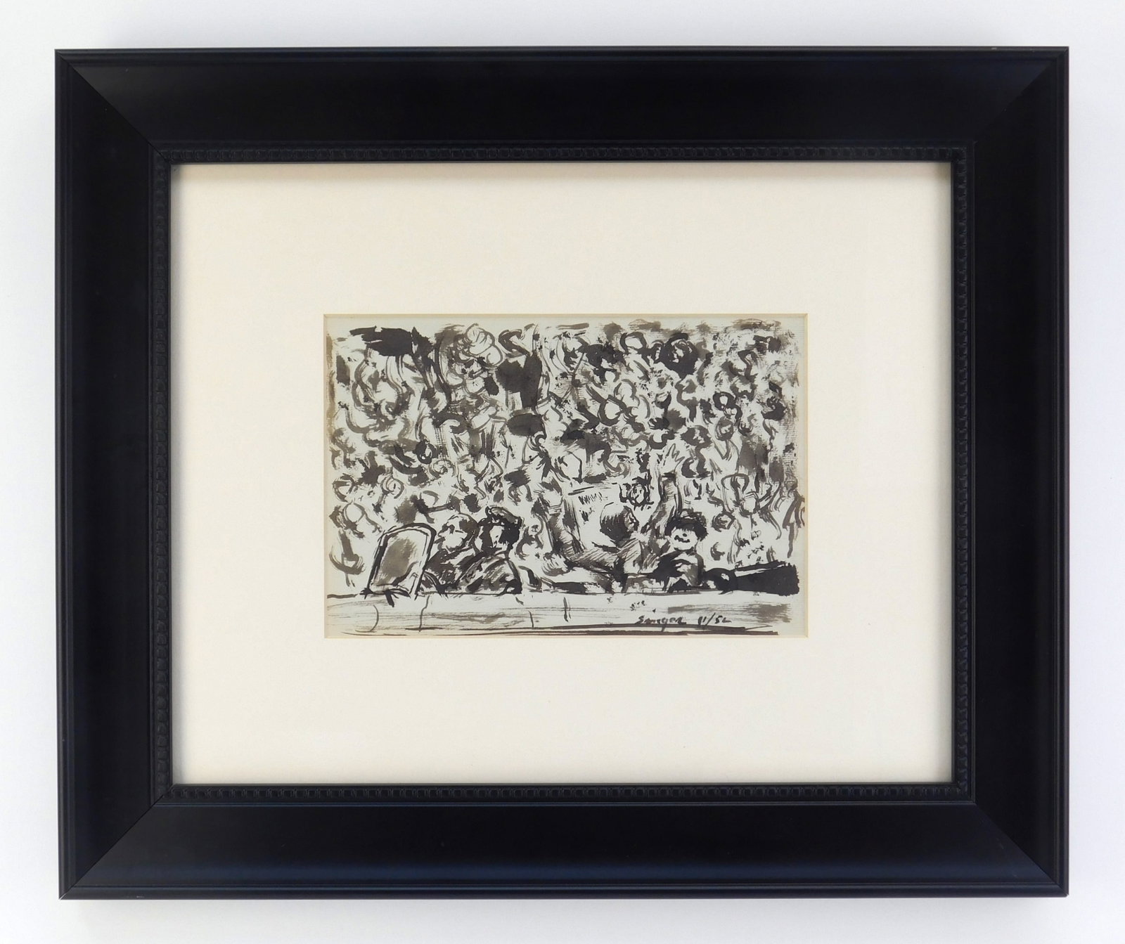 Clyde Singer (American, 1908-1999) pen and ink: Sketch for Parade ink and graphite on paper, 1952, signed Singer 11/52 lower right, framed. 6 x 9". Exhibited: Clyde Singer's America-, Canton Museum of Art & The Butler Insti