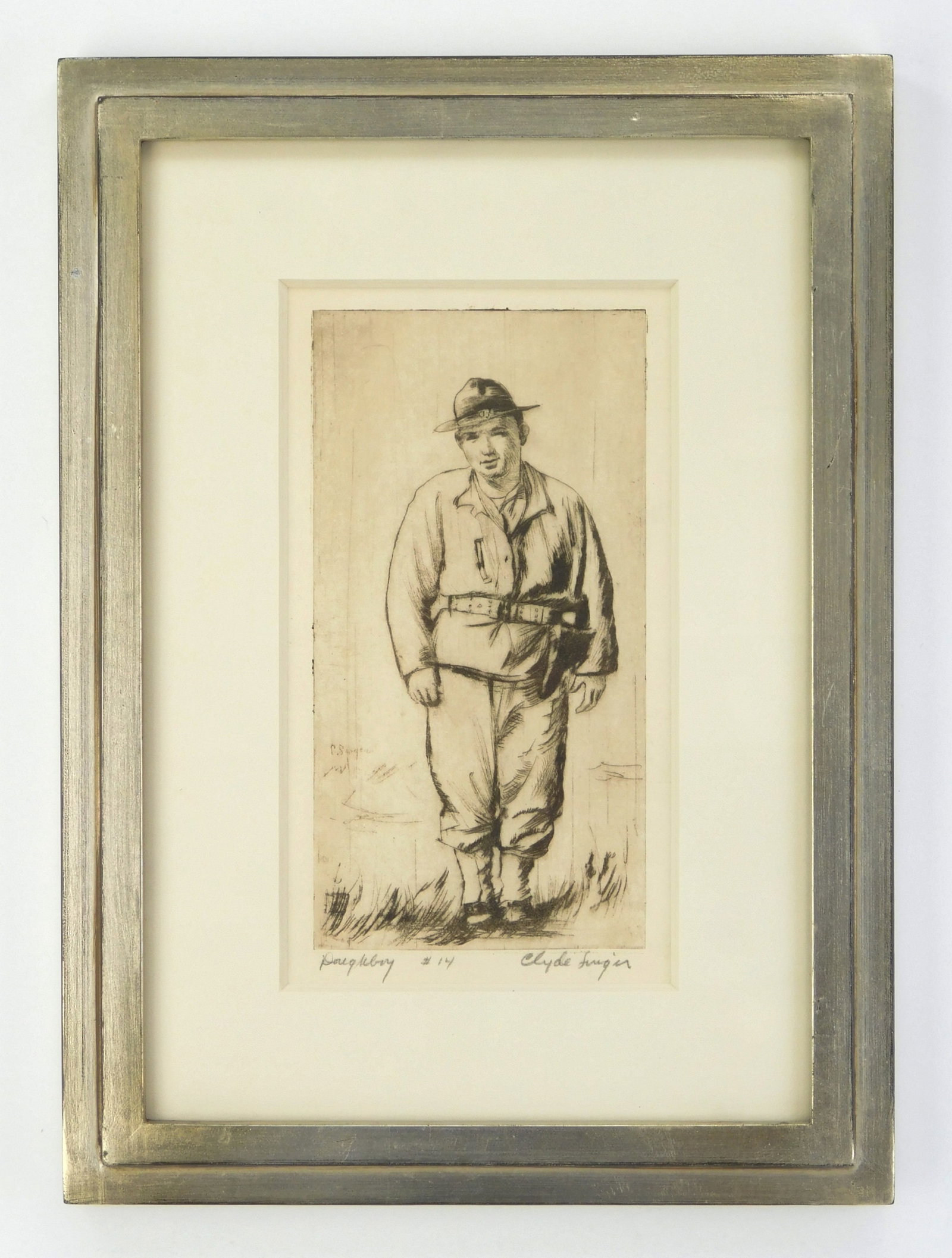 Clyde Singer (American, 1908-1999) etching: Doughboy etching, 1942, signed, titled and numbered 14 in pencil. 7 7/8 x 4'' Provenance: Private collection- Columbus, OH *** PLEASE READ: IMPORTANT NOTE About S&H *** S&H of t