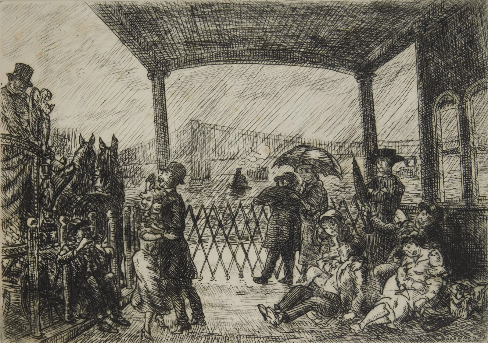 John Sloan (American, 1871-1951) etching: The Wake on the Ferry etching, 1949, signed, titled and annotated 200 proof in pencil. 4 15/16 x 6 15/16'' Literature: Morse 313 Provenance: Private collection- New York, NY