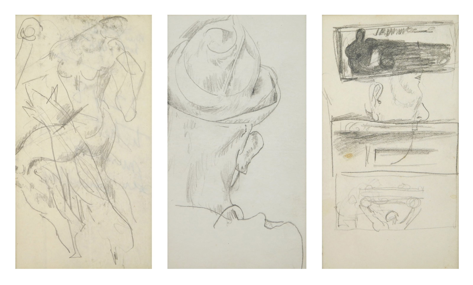 3 William Sommer (American, 1867-1949) pencil sketches: Sketches 3 pencil on paper, verso of backing has estate stamp, matted and framed. 5 1/2 x 3" ea. Provenance: Private collection- Columbus, OH *** PLEASE READ: IMPORTANT NOTE About S&H ***
