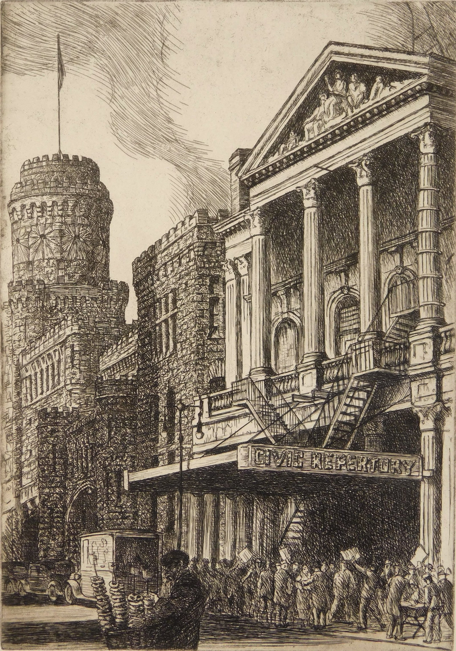 Harry Taskey (American, 1892-1958) etching: Civic Repertory Theater etching, ca. 1935, signed and titled in pencil, stamped Federal Art Project/ NYC WPA. 9 7/8 x 6 7/8" Provenance: Private collection- New York, NY *** PLEASE READ