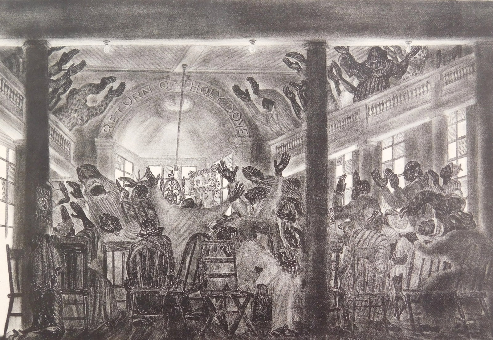 Prentiss Taylor (American, 1907-1991) lithograph: Experience Meeting, Massydony lithograph, 1934, signed, dated, titled and annotated proof for Geo C. Miller in pencil, regular edition of 25. 9 x 13 1/4" Literature: Rose & Quiroz 