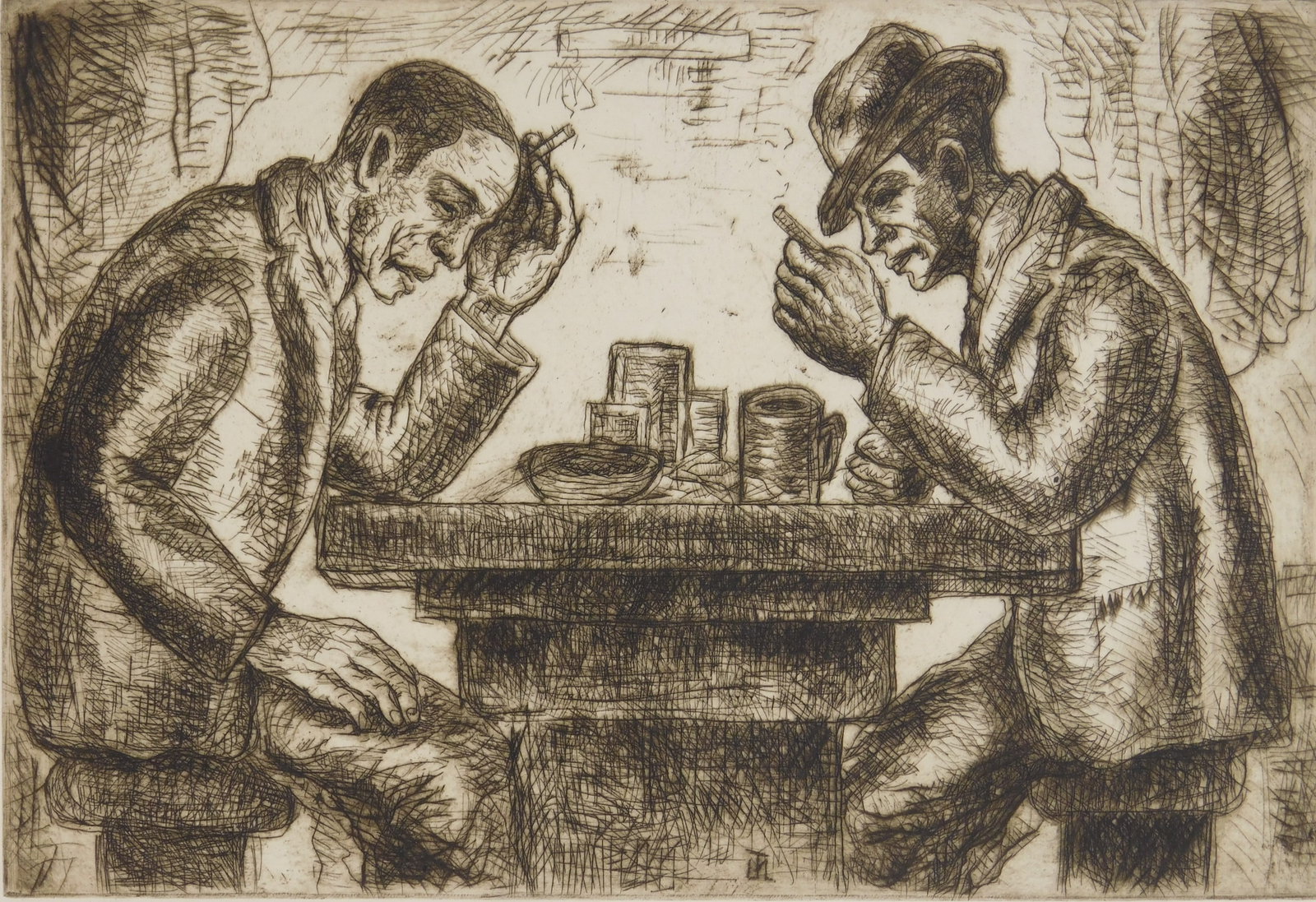Morris Topchevsky (American, 1899-1947) etching: Lunch Hour etching, ca. 1935, signed in pencil, edition of about 25. 7 3/8 x 10 7/8" Provenance: Private collection- New York, NY *** PLEASE READ: IMPORTANT NOTE About S&H *** S&H of thi