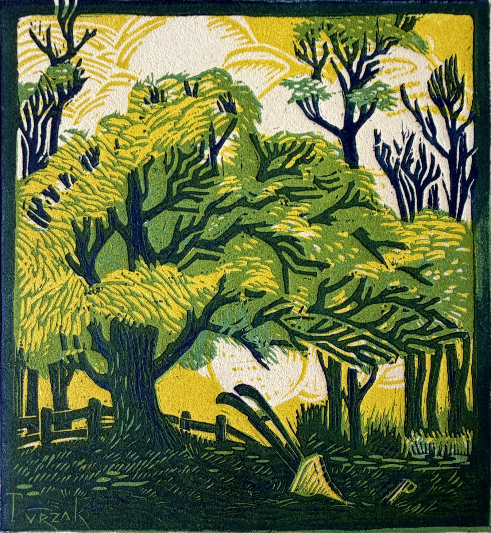 Charles Turzak (American, 1899-1986) woodcut: Spring woodcut in colors, signed, titled and numbered 41/50 in pencil. 5 1/4 x 4 7/8" Provenance: Private collection- New Orleans, LA *** PLEASE READ: IMPORTANT NOTE About S&H ***