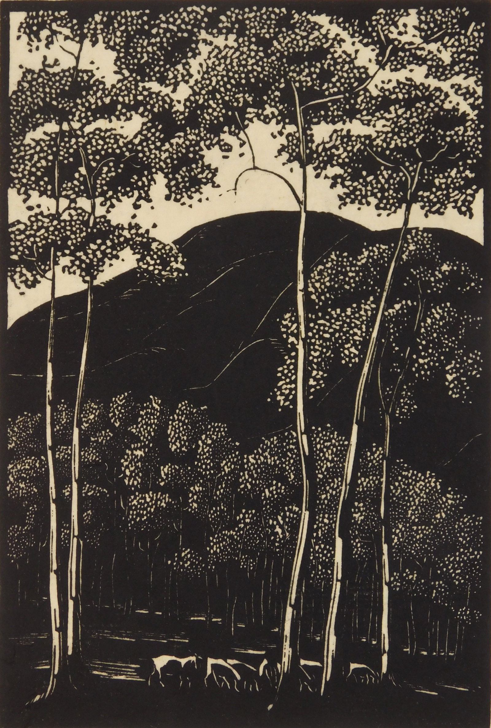 Glen Wheete (American, 1884-1965) woodcut: Quaking Aspens woodcut in color, 1935, signed, dated, titled and numbered 8/50 in pencil. 10 x 6 3/4" Provenance: Private collection- New Orleans, LA *** PLEASE READ: IMPORTANT NOTE About S