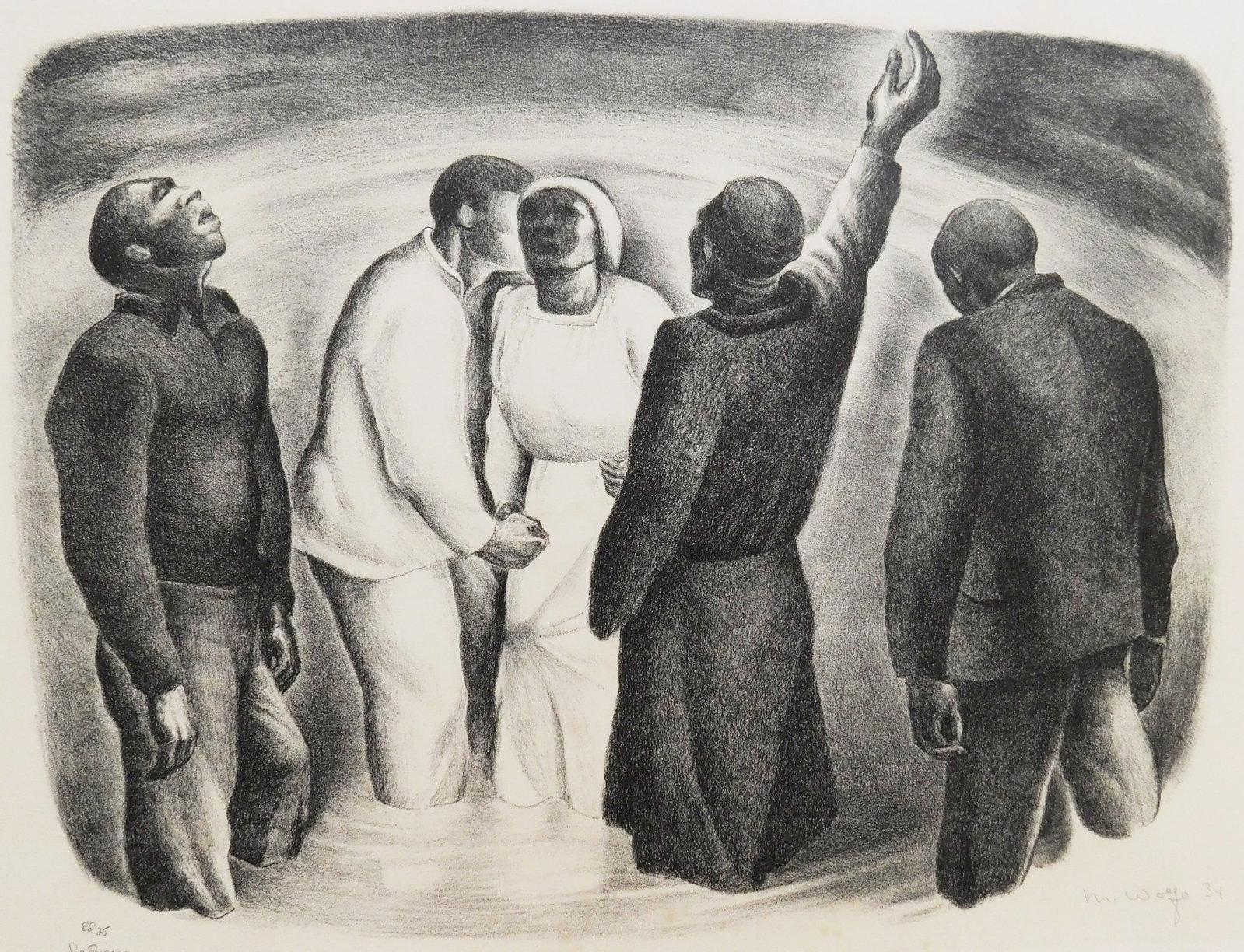 Meyer R. Wolfe (American, 1897-1985) lithograph: Baptism lithograph, 1934, signed, dated, titled and annotated Ed.25 in pencil. 12 x 15 1/2" Provenance: Private collection- New Orleans, OH *** PLEASE READ: IMPORTANT NOTE Ab