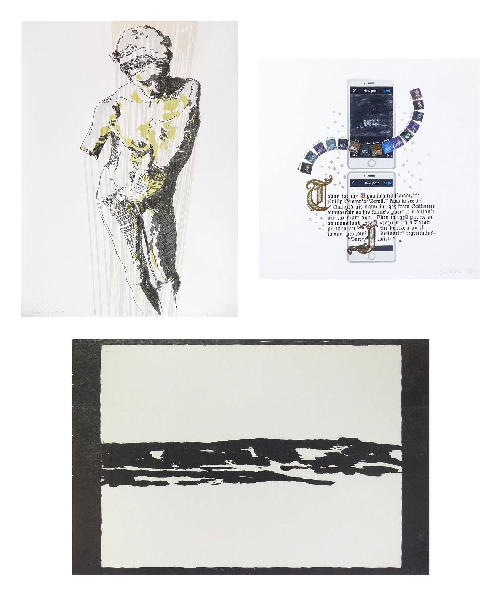 3 American prints- Print Club of Cleveland publications: 1). Ken Aptekar (American, 1950-) - Hit Parade- letterpress, gold leaf and silver leaf over archival inkjet, 2024, signed and dated in pencil, The Print Club of Cleveland publication No