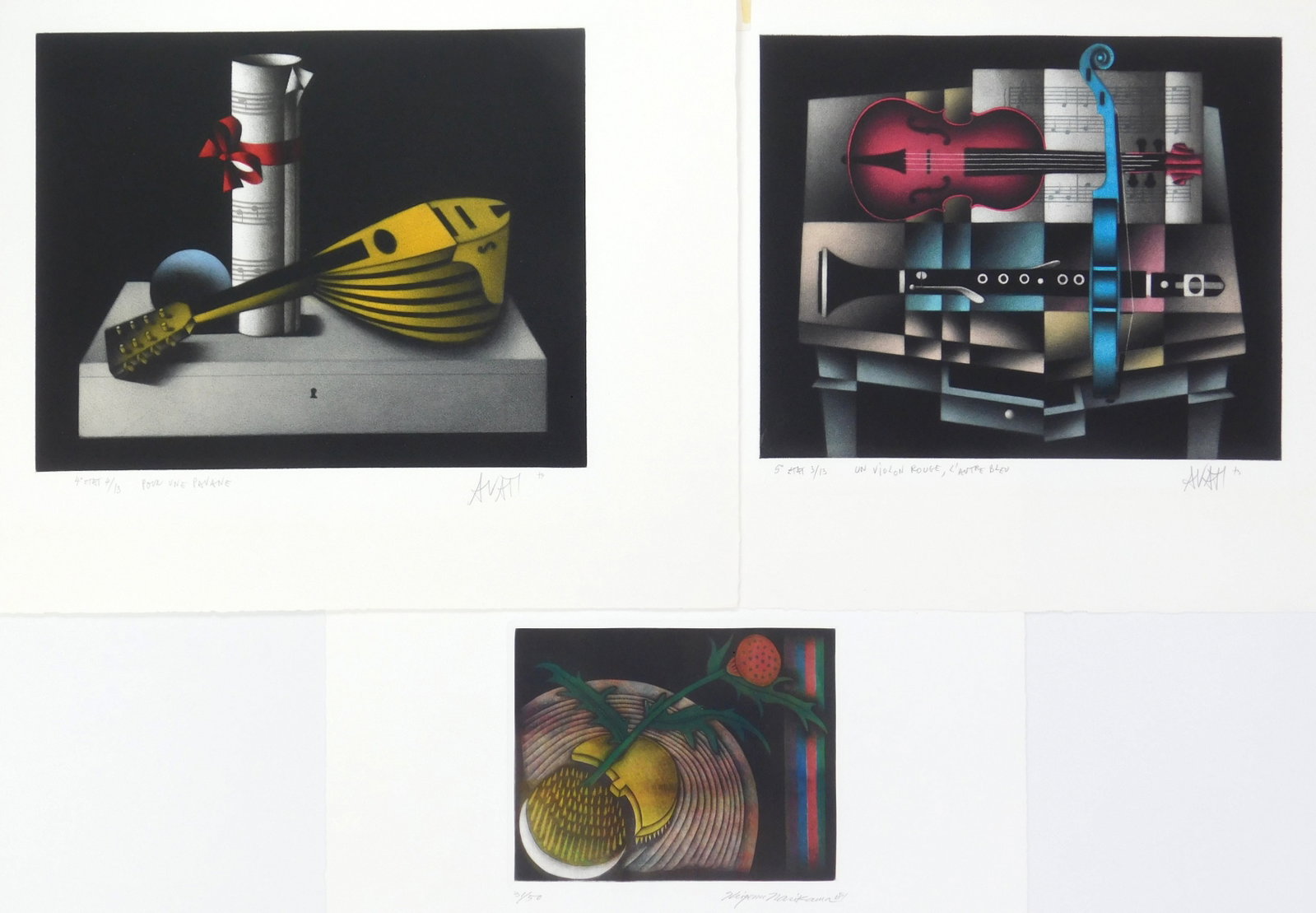 3 Contemporary mezzotints- 2 Avati and 1 Narikawa: 1). Mario Avati (French, 1921-2009)- Un Violon Rouge, L'autre Bleu- Mezzotint in colors, 1975, signed, dated, titled and numbered 5th etat 3/13 in pencil. 9 1/2 x 11 1/2" 2)