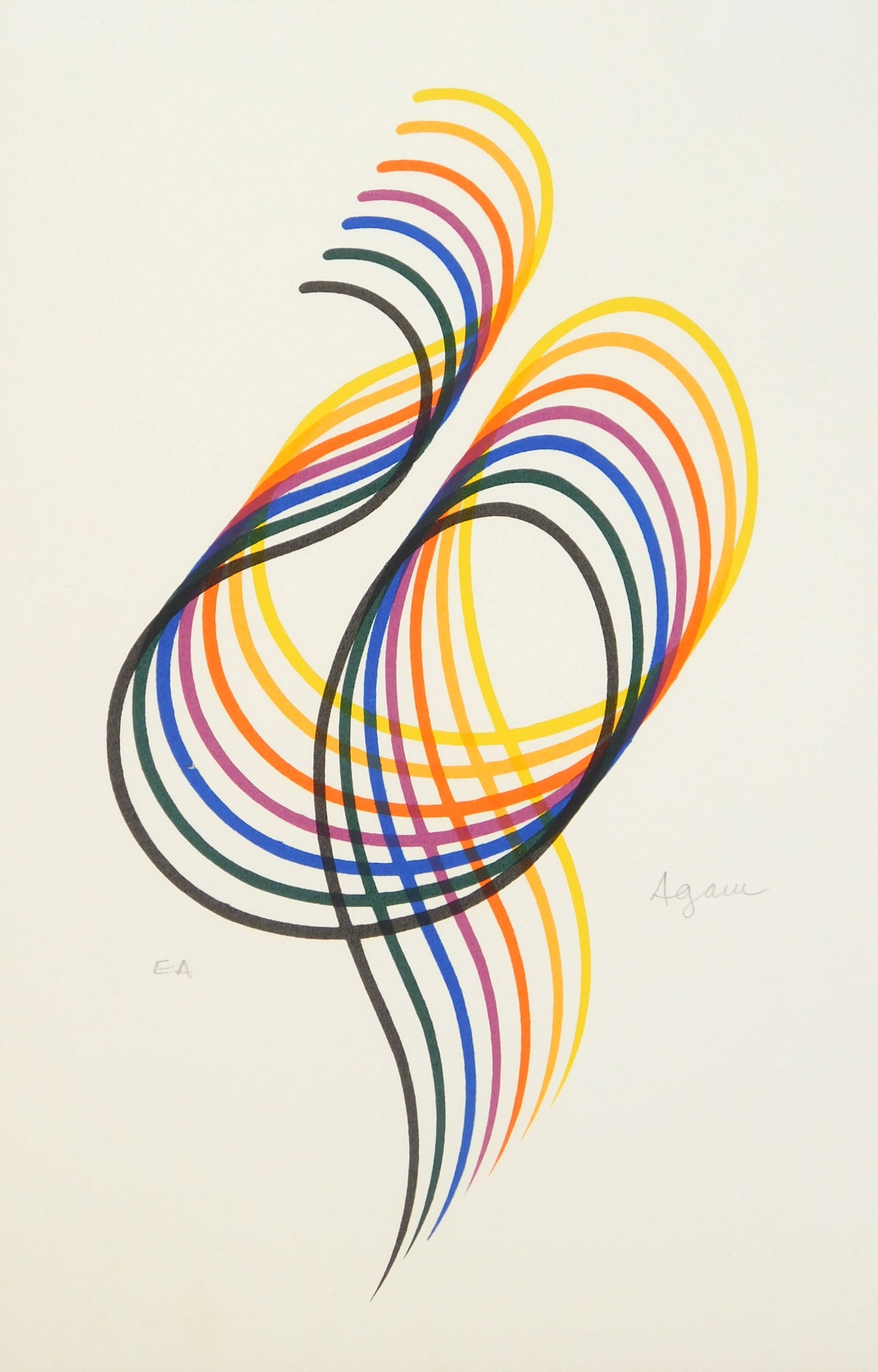 Yaacov Agam (Israeli, 1928-2026) lithograph: Swirls I lithograph in colors, 1984, signed and annotated e.a. in pencil, from the Lines and Forms suite, published by Martin Lawrence Limited Editions. 12 x 8" Provenan