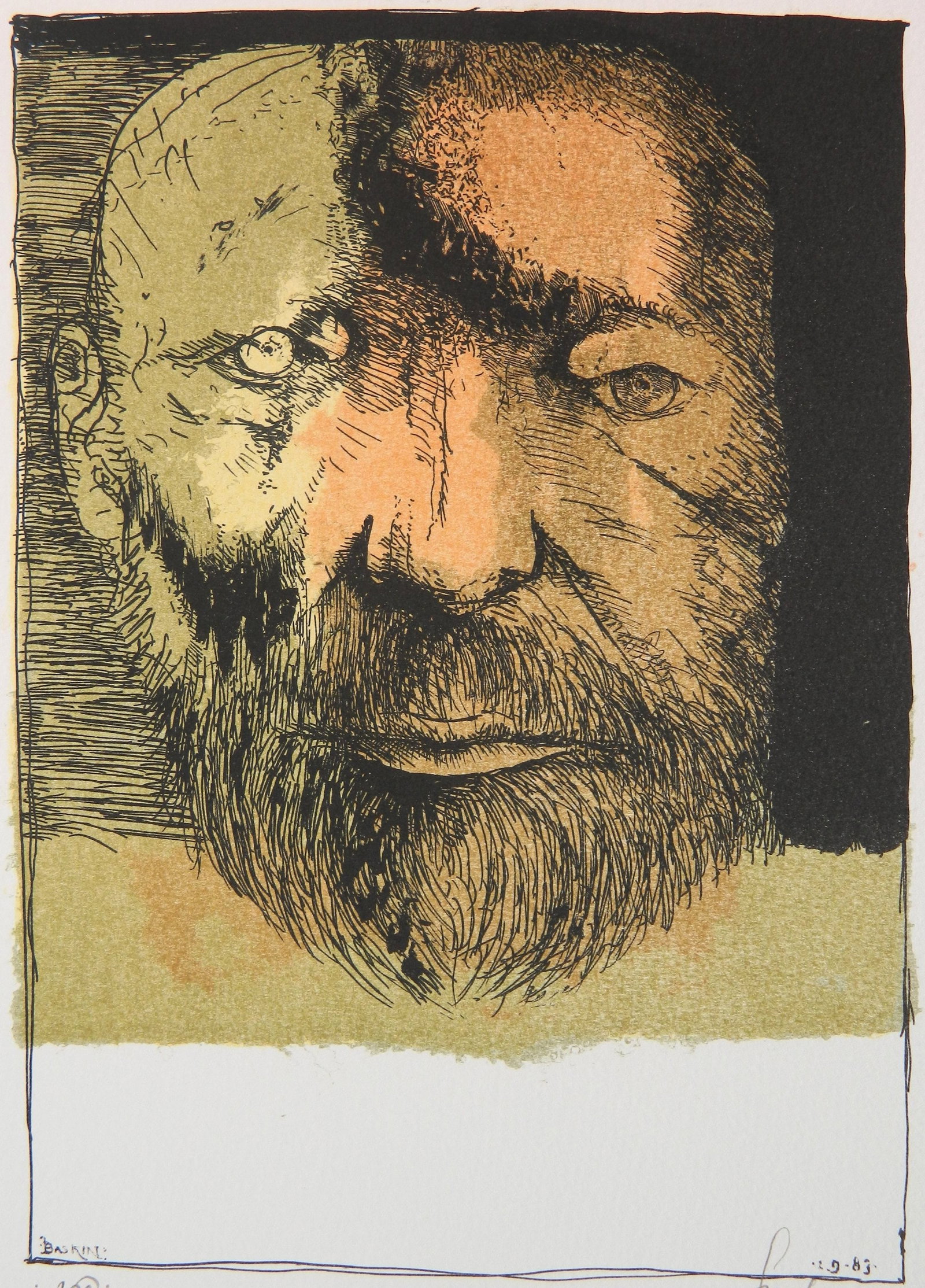 Leonard Baskin (American, 1922-2000) lithograph: Self- Portrait lithograph in colors, 1985, signed and numbered in pencil, the Print Club of Cleveland publication No. 63. 10 1/4 x 7 1/4'' Provenance: A Cleveland area non-profit *** PLEASE RE