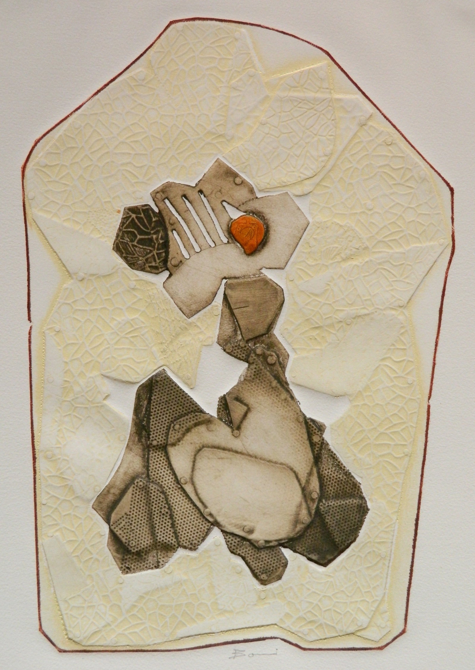 Paolo Boni (Italian, 1926-2017) etching: Recueillement relief and intaglio in colors, 1966, edition of 250 plus 10, The Print Club of Cleveland publication no. 44. 14 1/2 x 10'' Provenance: A Cleveland area non-profit *** PLEASE READ