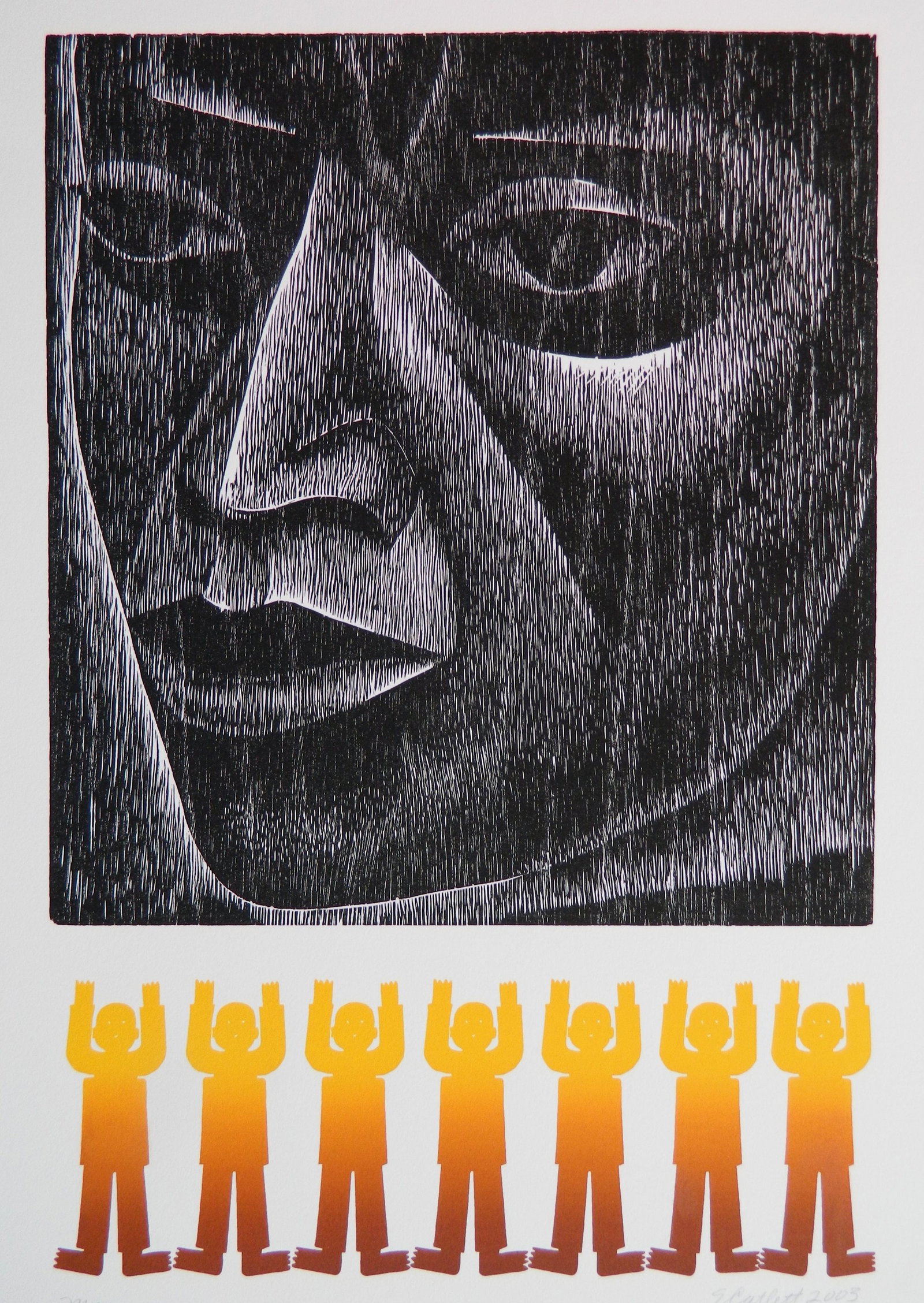 Elizabeth Catlett (American, 1915-2012) wood and linocut: Man woodcut and linocut in color, 1975, signed in pencil, printed in 2003 in an edition of 250, The Print Club of Cleveland publication no. 83 for 2005. 17 3/4 x 12