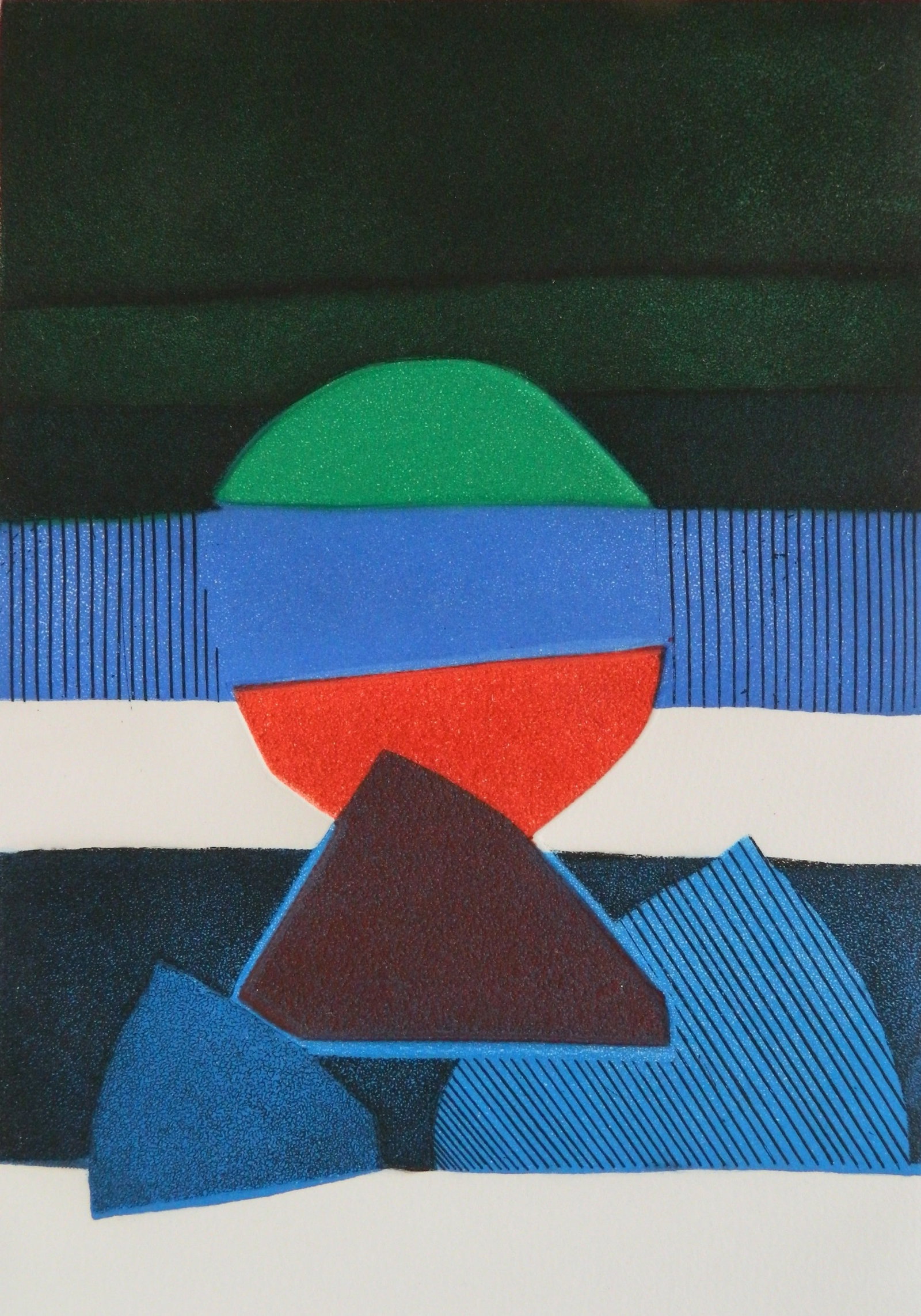 Bertrand Dorny (French, 1931-2015) etching: BAT etching, aquatint, engraving and sand paper in colors, 1976, signed in pencil, edition of 20, the Print Club of Cleveland publication no. 55. 11 3/4 x 8 1/8'' Provenance: A Cleveland
