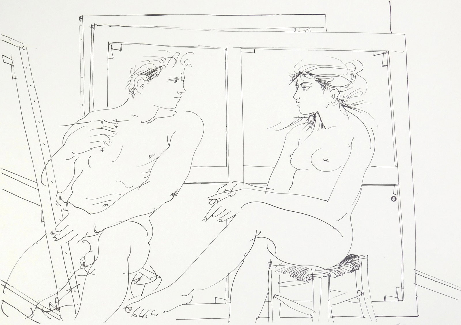 Hans Erni (Swiss, 1909-2015) lithograph: Le Peintre et Son Modele lithograph, 1968, signed and numbered15/150 in pencil, published by Guilde Internationale de la Gravure, Geneve. 19 3/4 x 25 1/2" (sheet) Literature: Cailler 427 Pr