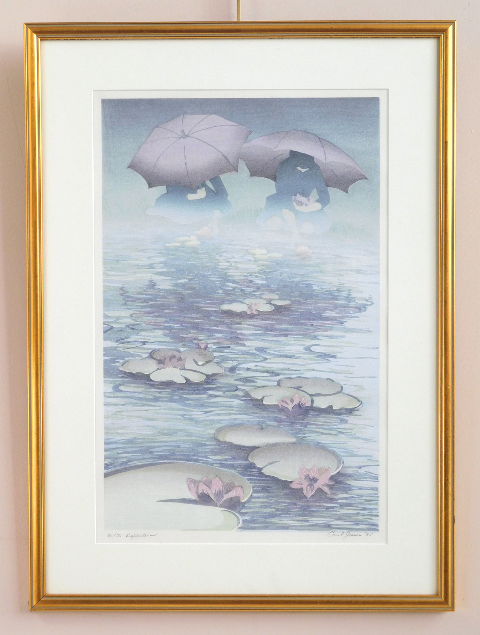 Carol Jessen (American, 20th/ 21st c.) woodblock: Reflection woodblock in colors, 1985, signed, dated, titled and numbered 51/70 in pencil. 20 x 13" Provenance: Private collection- Palm Beach, FL *** PLEASE READ: IMPORTANT NOTE About S&H *