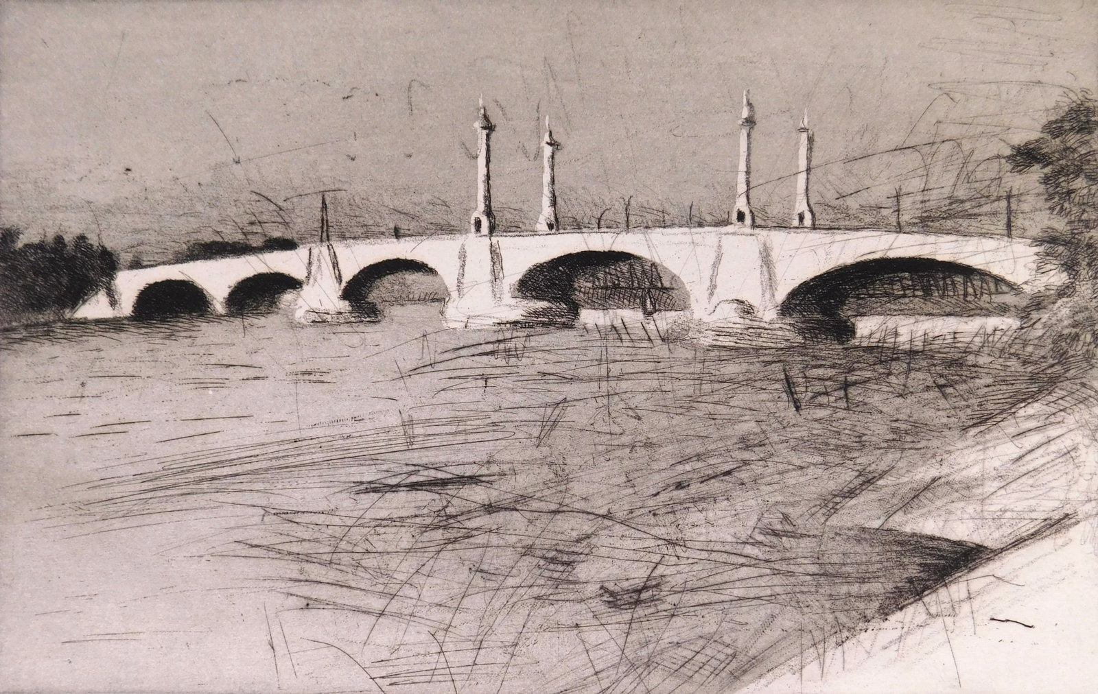 Wolf Kahn (German/ American, 1927-2020) aquatint: Memorial Bridge, Springfield, Mass aquatint, etching and drypoint, 1982, signed, dated and numbered I 88/90 in pencil. 8 3/4 x 13 3/4" Provenance: Private collection- Cumberland Foreside, M