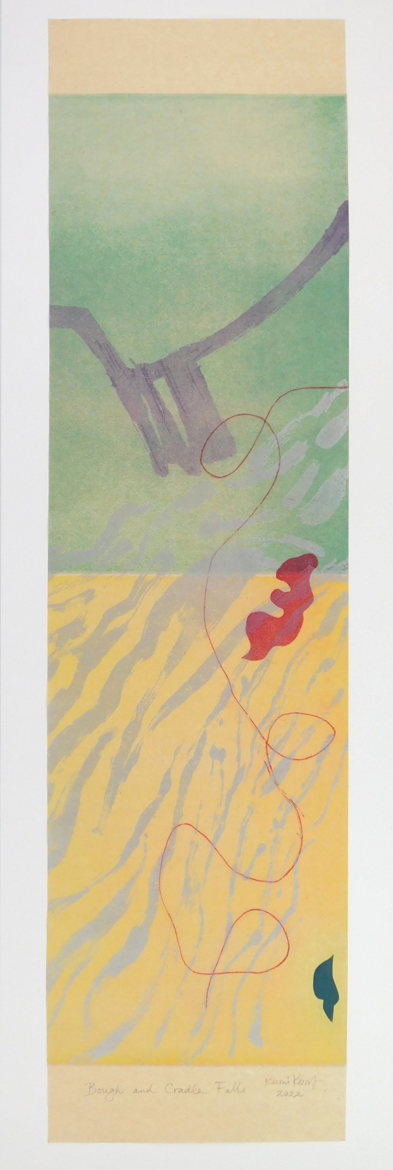 Kumi Korf (Japanese, 1937- ) intaglio: Bough and Cradle Fall intaglio, sugar lift, aquatint, stencils and inked threads, 2022, signed, dated and titled in pencil, Tje Print Club of Cleveland publication No. 101. 36 5/8 x 9 3/4" 