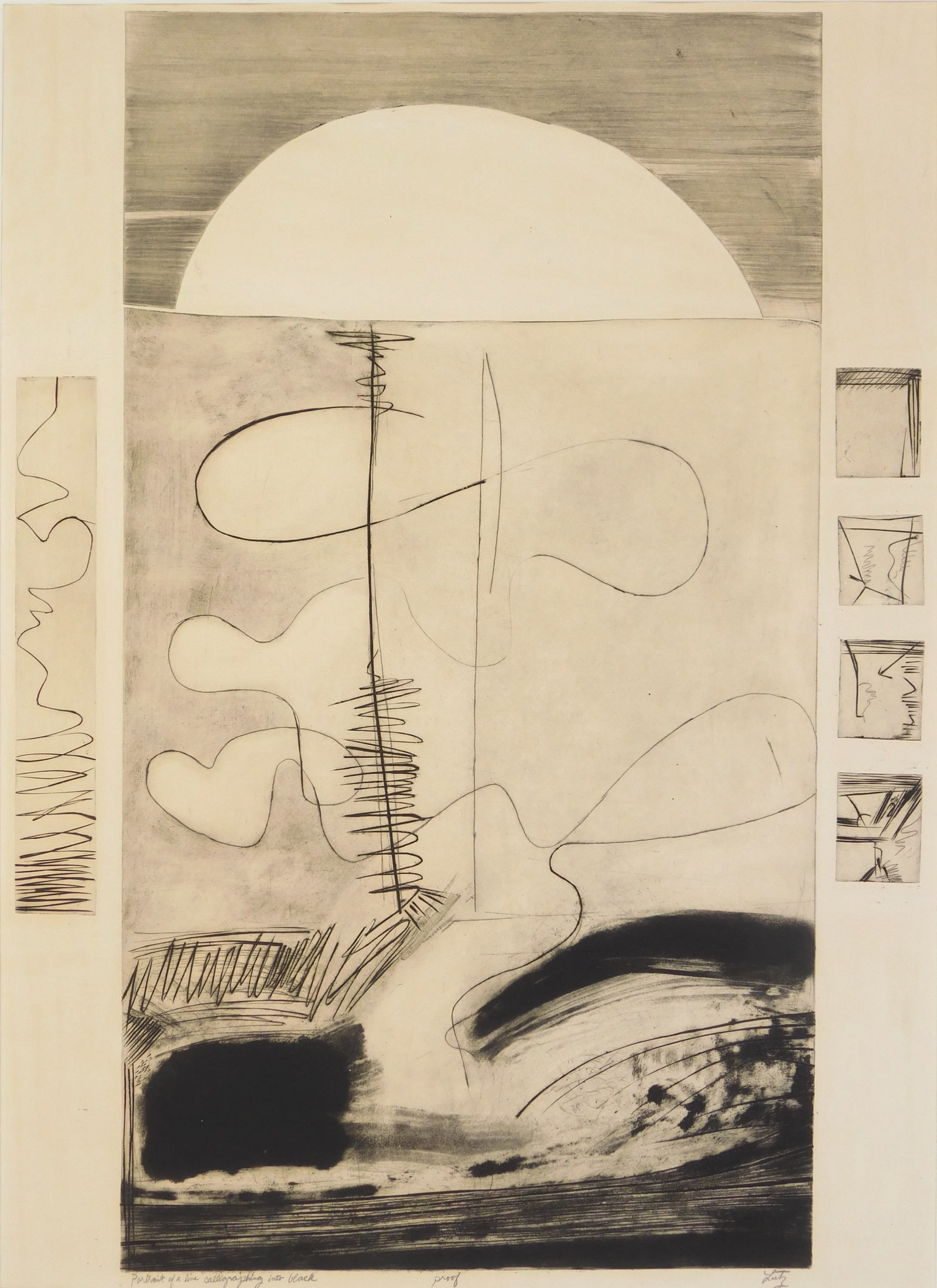 Winifred Ann Lutz (American, 1942- ) etching: Portrait of a Line Calligraphing into Black etching, drypoint and aquatint, 1964, signed, titled and annotated proof in pencil. 21 1/2 x 16" Exhibited: The May Show: 46th Ann