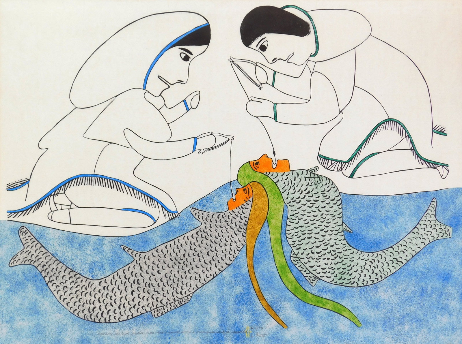 Victoria Mamnguqsualuk (Qamani'tuaq (Baker Lake), 1930-2016) stencil: Catching the Fish Mother linocut and stencil in color, 1979, signed, titled and dated in pencil, edition of 50. 24 1/2 x 33" Provenance: Private collection- Boynton Beach, FL *** PLEASE REA